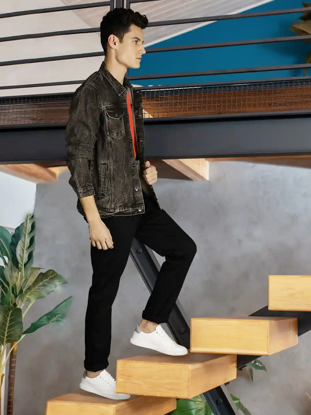 Buy Ducati Scrambler Men Charcoal Grey Solid Denim Jacket - Main Image