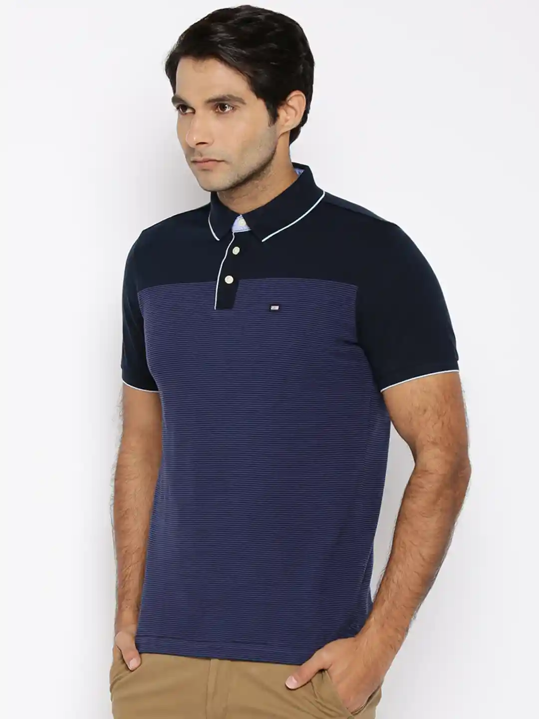 Buy Arrow Sport Men Navy Blue Striped Polo Collar T-shirt