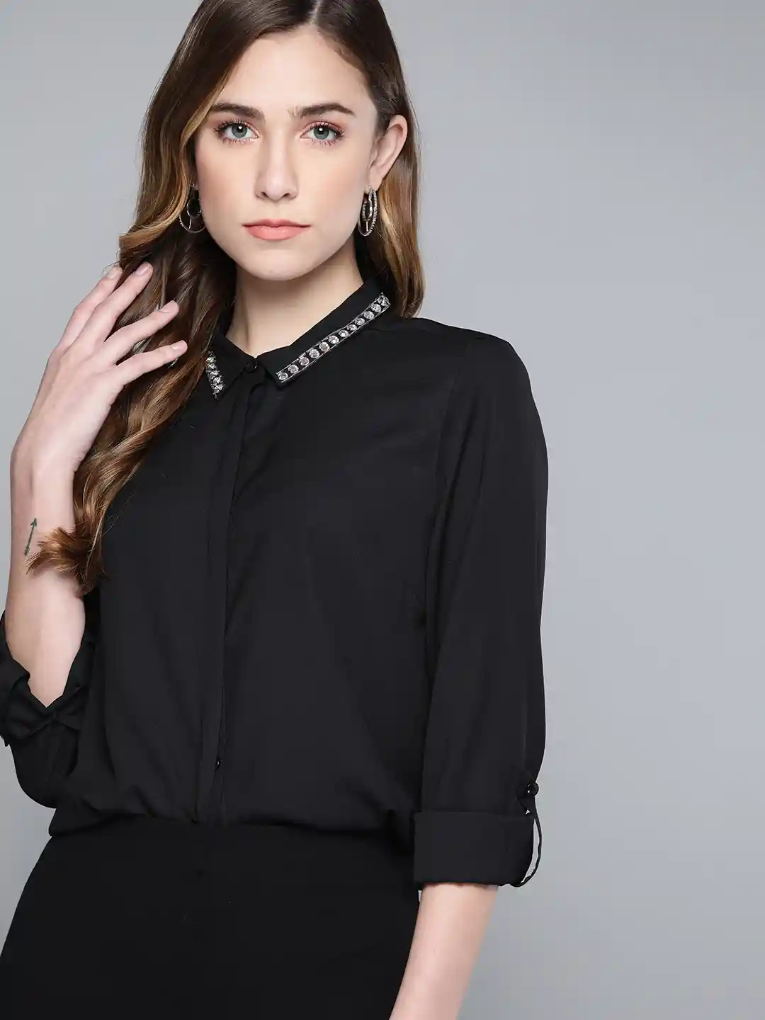 Buy Chemistry Women Black Embellished Collar Casual Shirt Shirts