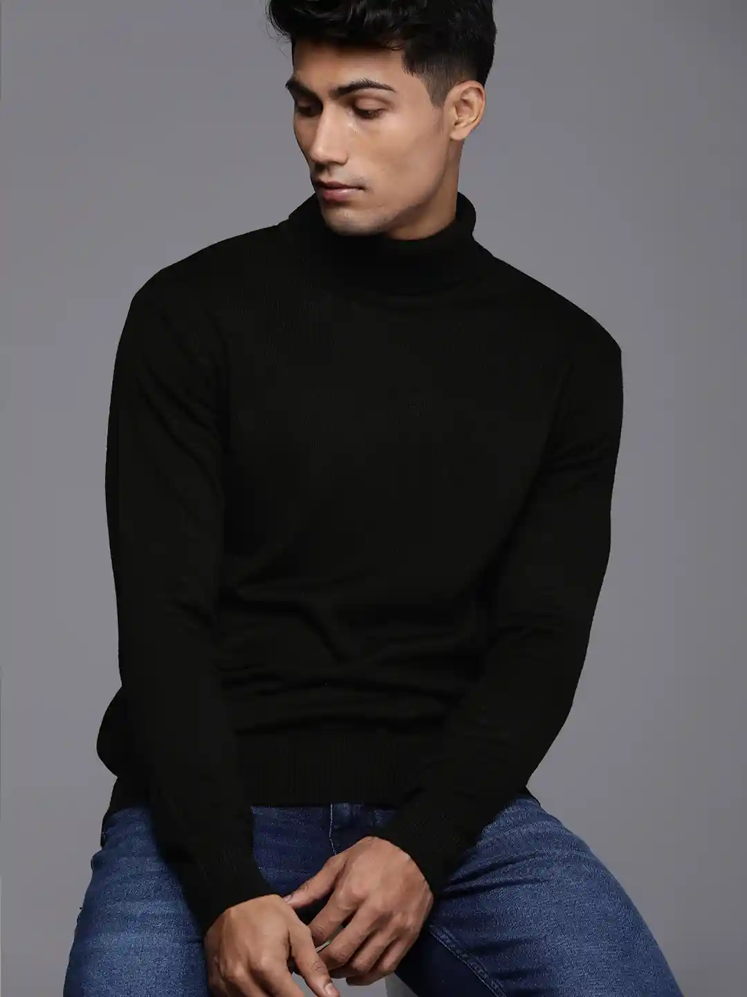 Buy WROGN Men Black Slim Fit Turtle Neck Pullover Sweaters for