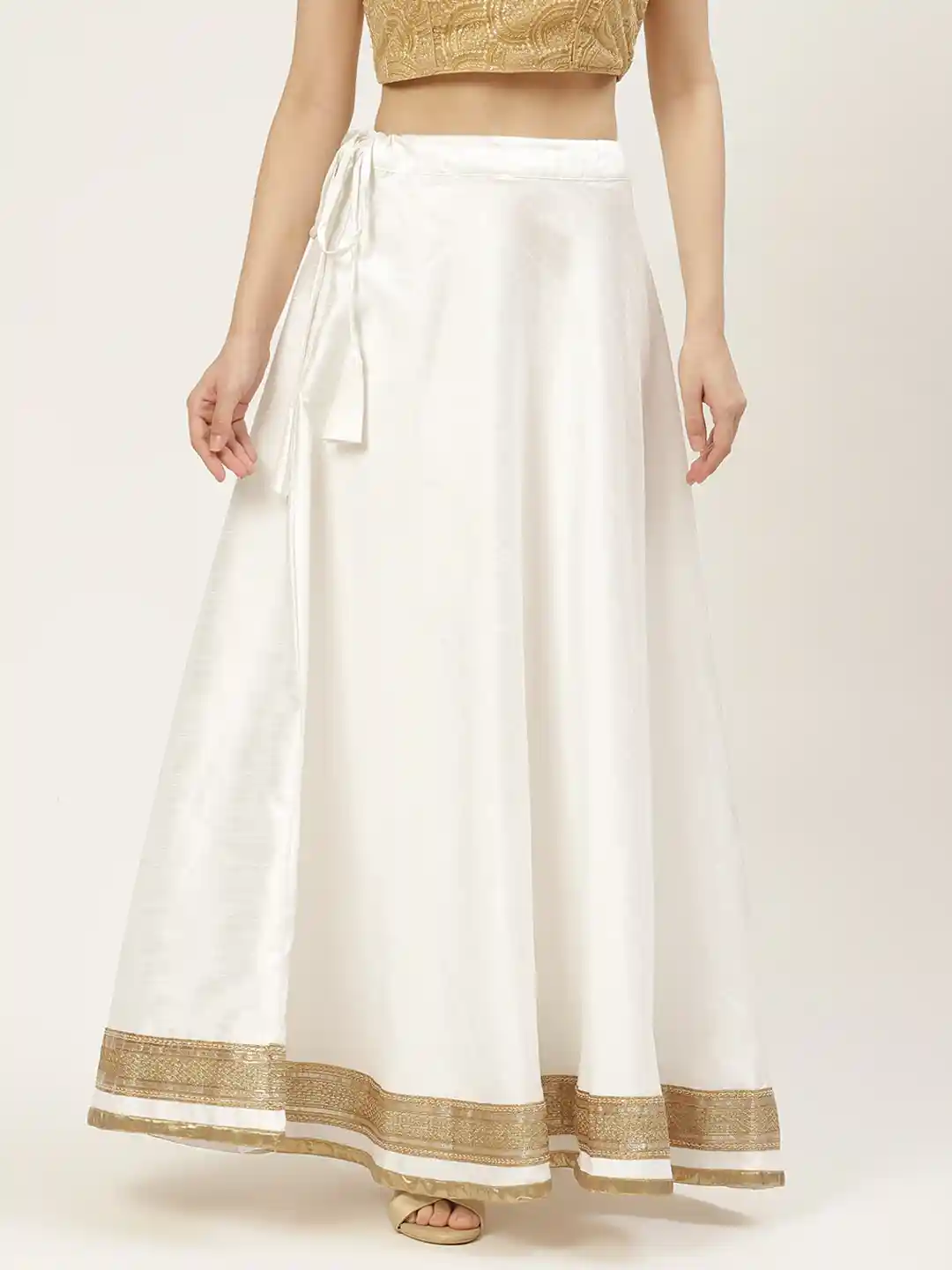 Buy Studio Shringaar White Golden Solid Lehenga Skirt with Zari