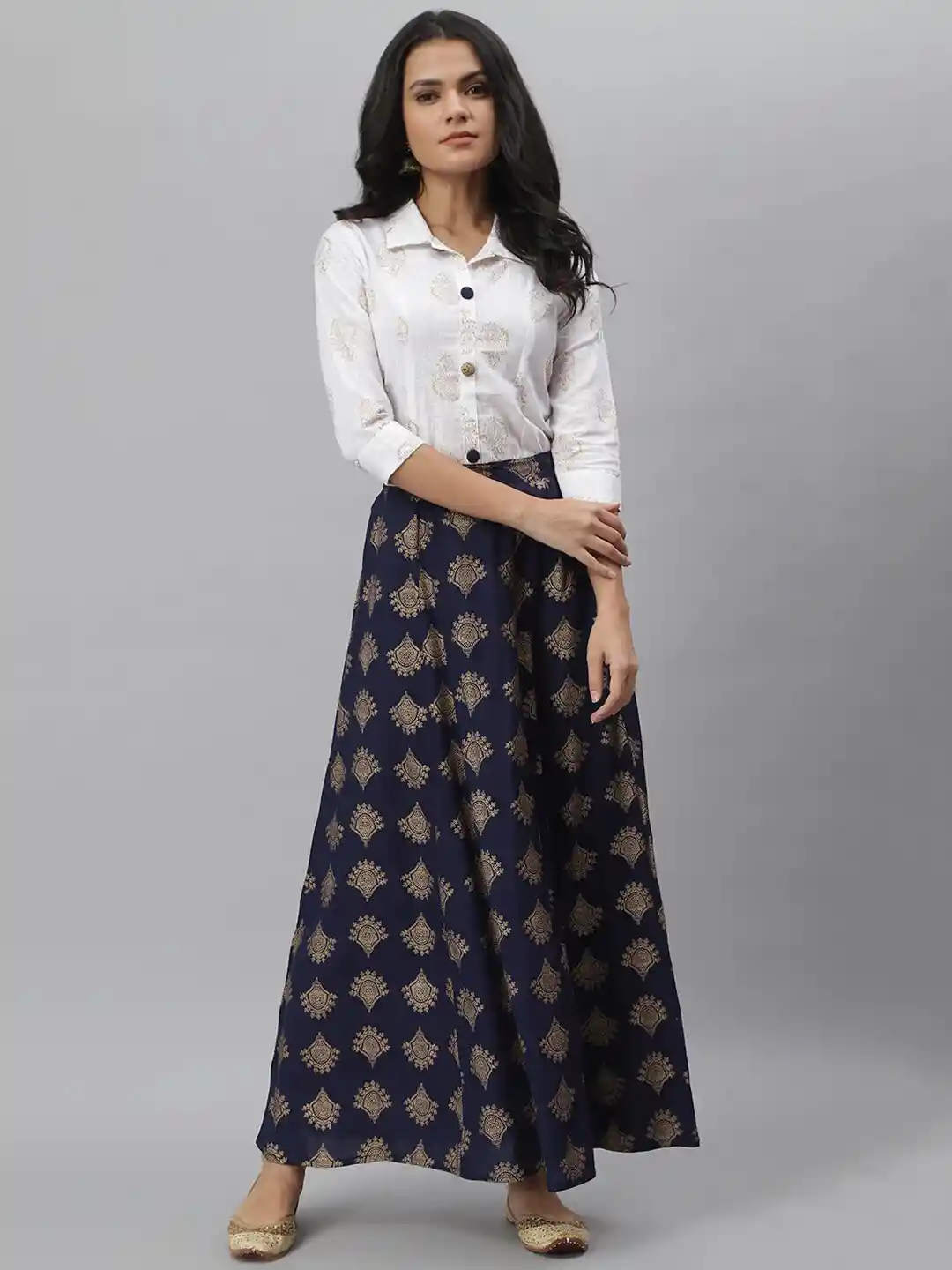 Stylum Women Off White Navy Blue Printed Shirt with Skirt