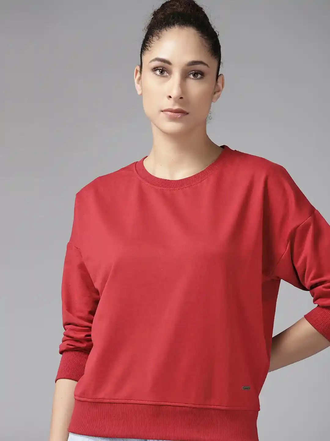 Buy Roadster Women Red Drop-Shoulder Sleeves Solid Sweatshirt