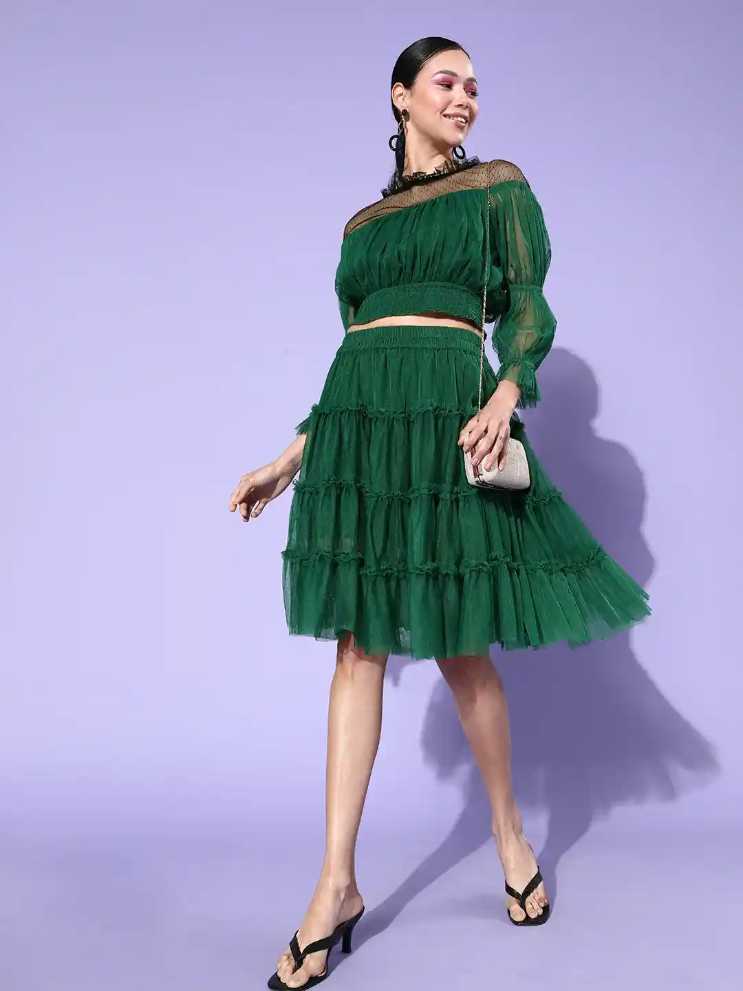 Buy Antheaa Women Green Solid Net Flared Tulle Skirt Skirts for
