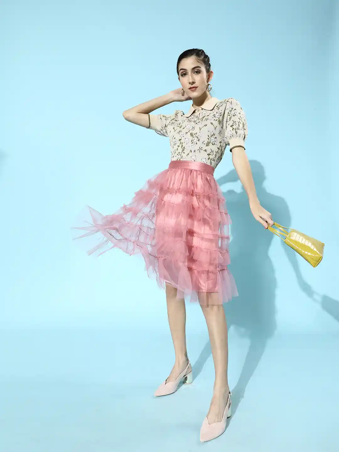 Buy Antheaa Women Pink Flared Layered Tulle Net Midi Skirt