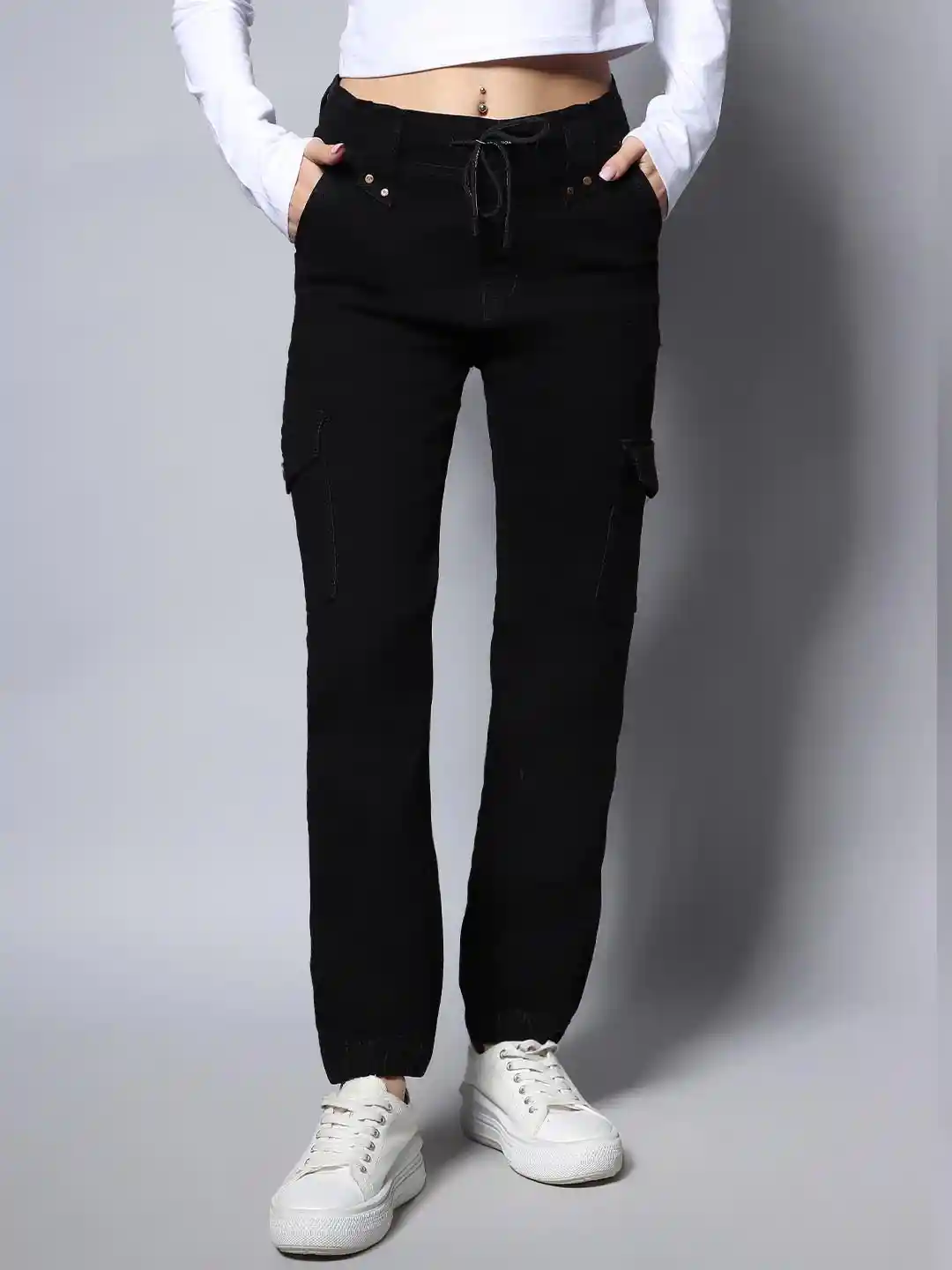 Cargo Black Denim Female Jean Joggers Ladies Stretchable Denim