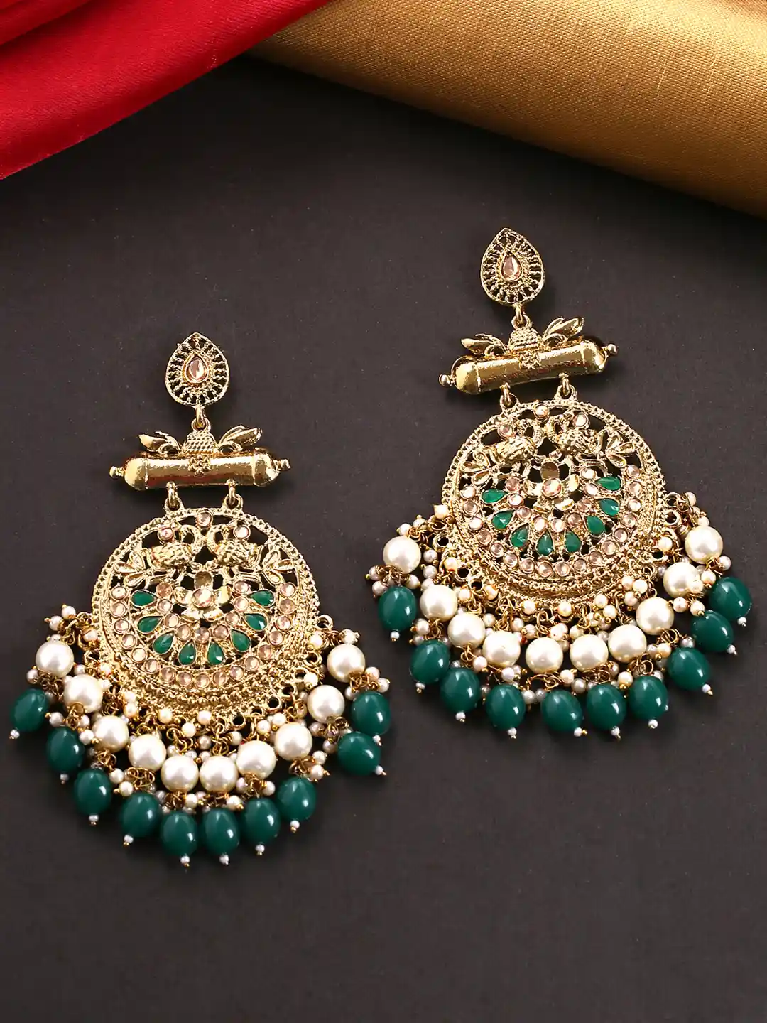 Yellow Chimes Gold-Plated Green Circular Drop Earrings