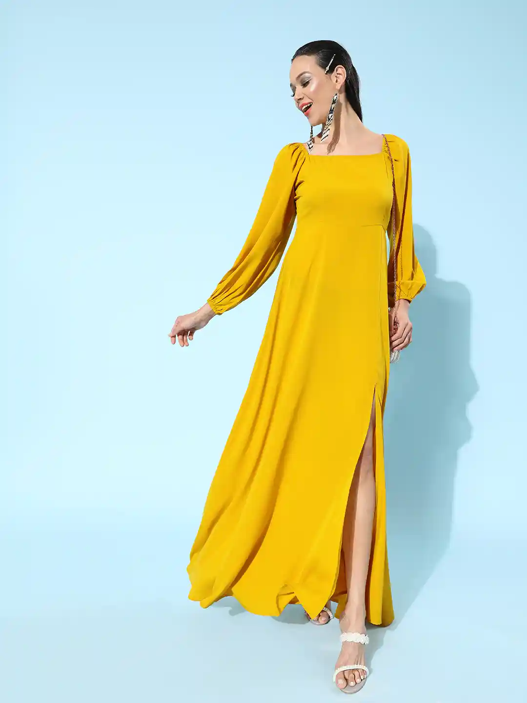 Berrylush Bright Yellow Solid Puff Sleeves Dress