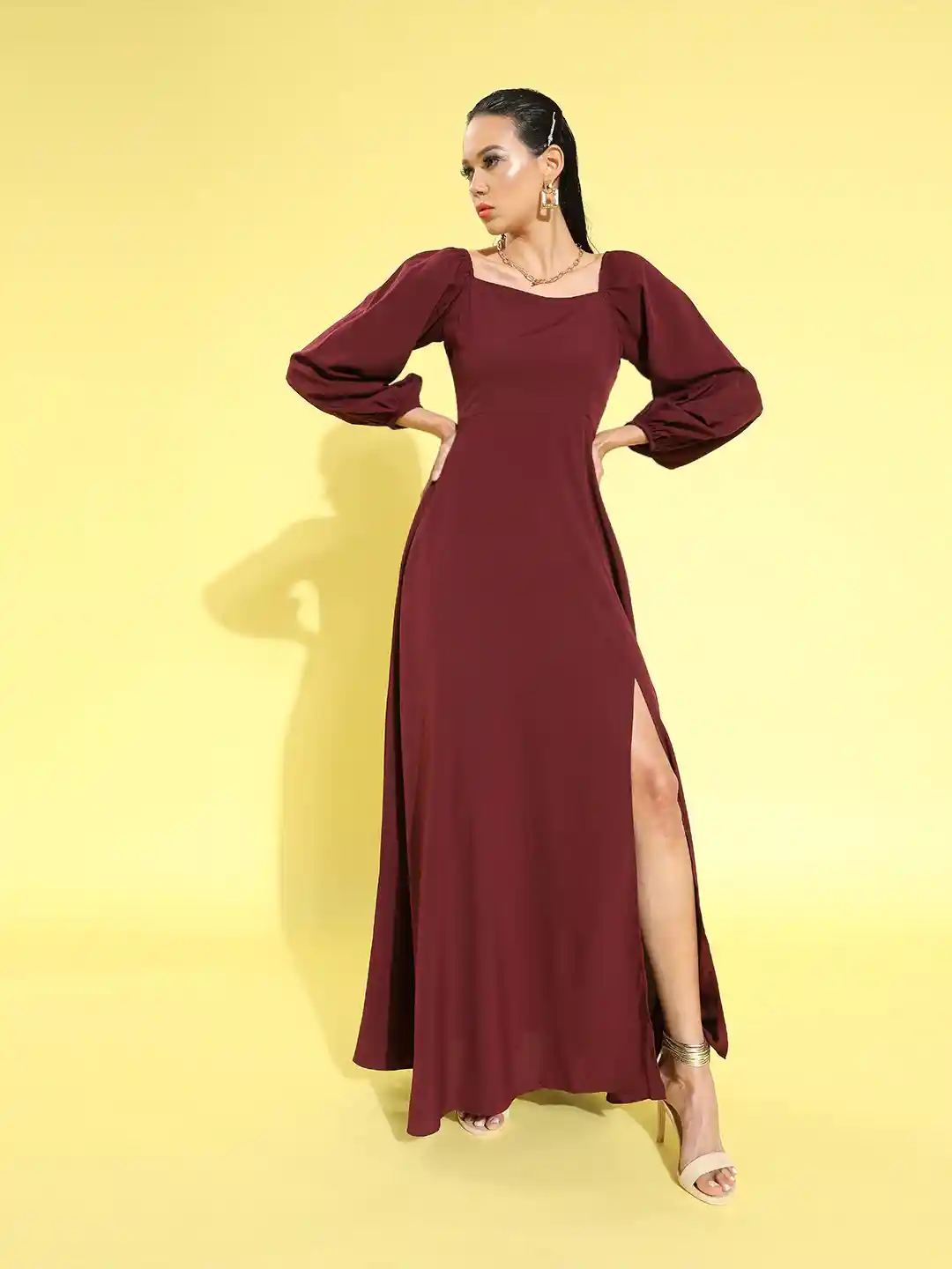 Buy Berrylush Maroon Solid Puff Sleeves Dress Dresses for Women
