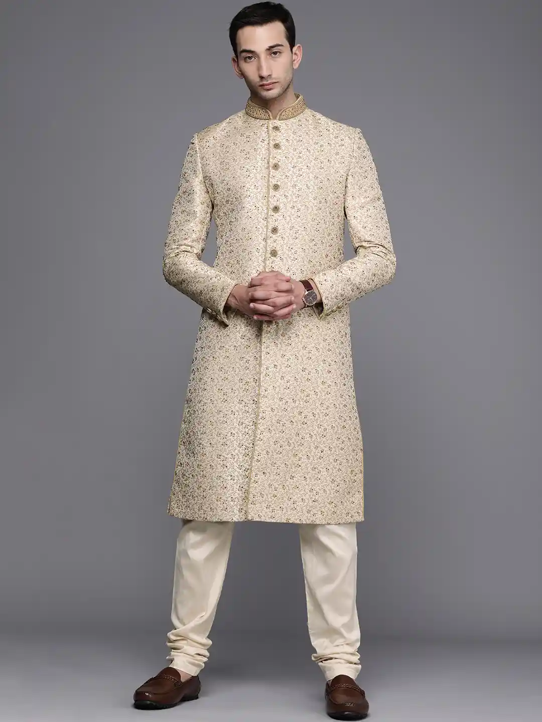 Manyavar Men Beige Floral Embroidered Sherwani and Churidar Set
