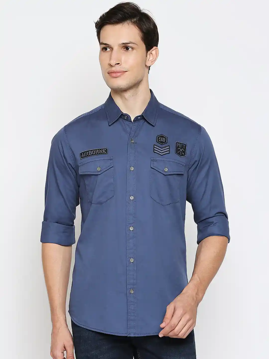 Buy Mufti Men Blue Slim Fit Opaque Pure Cotton Casual Shirt