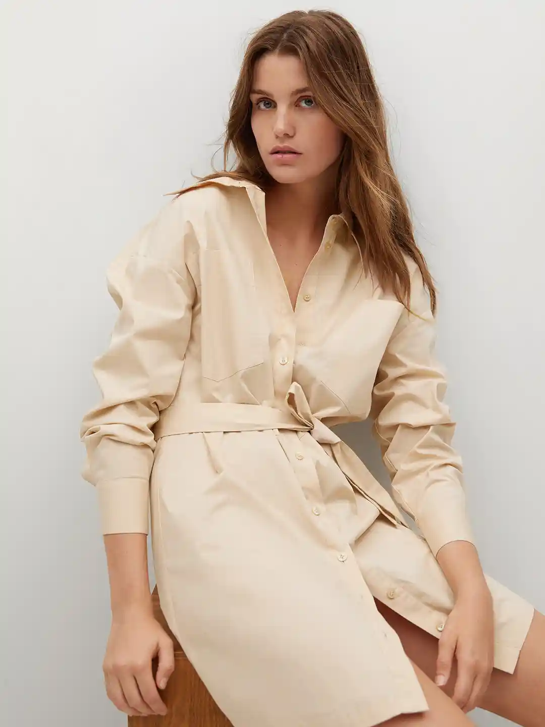 Buy MANGO Cream-Coloured Solid Cotton Shirt Dress Dresses for