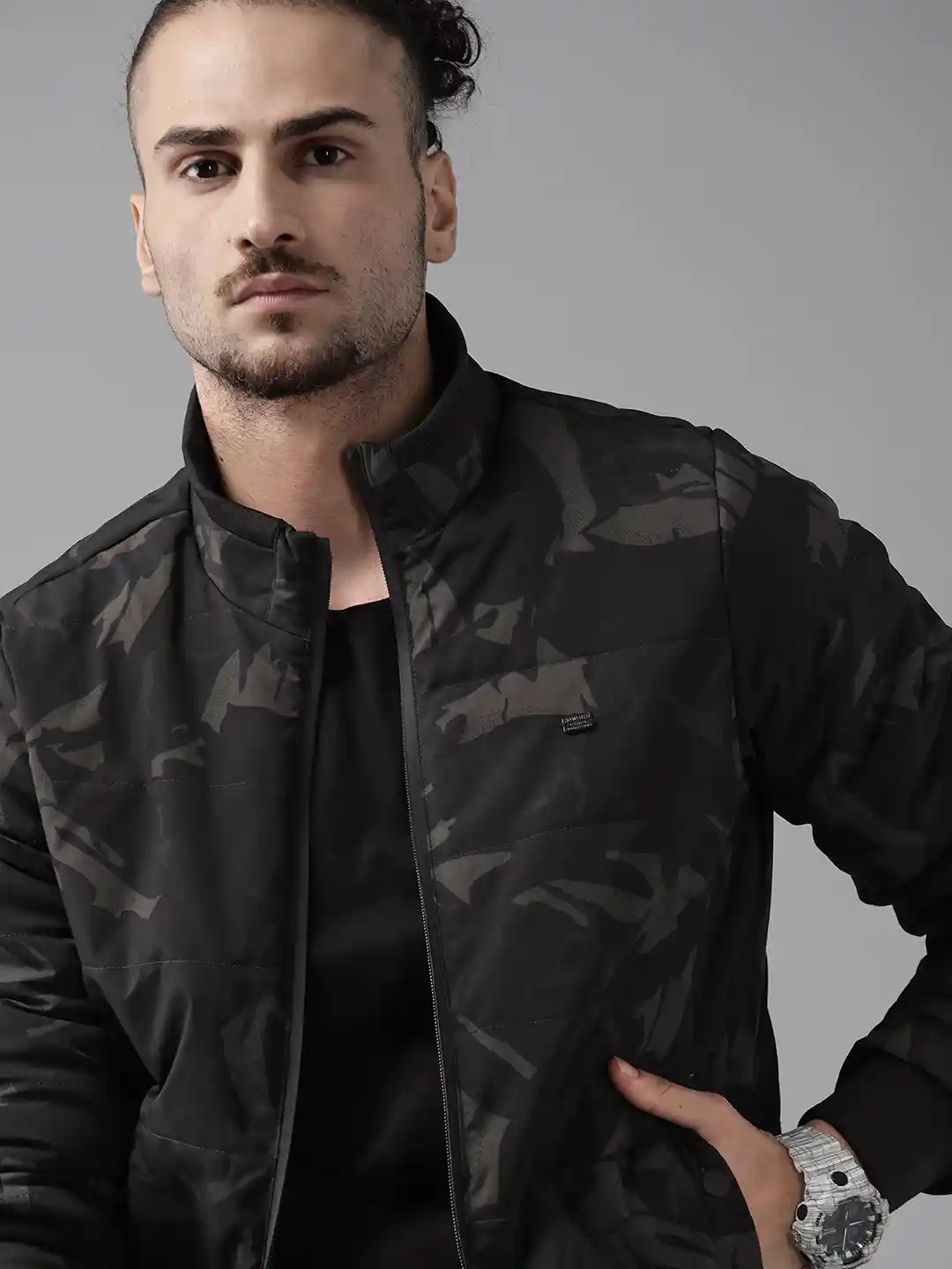 Roadster Men Olive Green Black Camouflage Print Padded Jacket