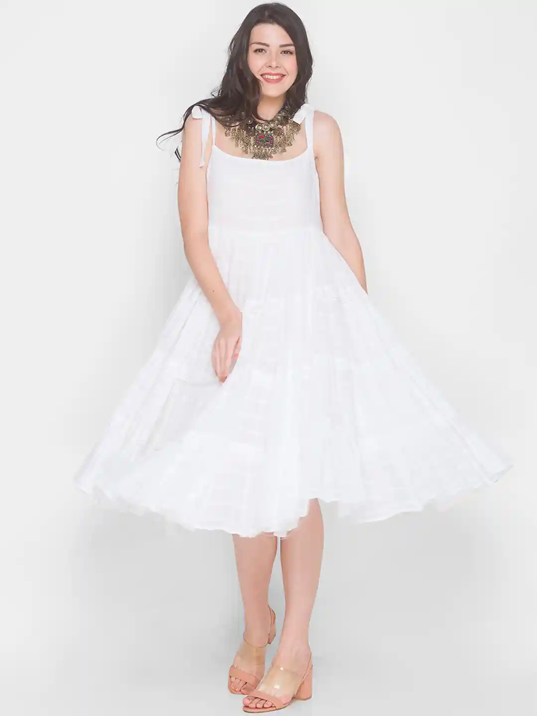 Buy TERQUOIS White Tiered Midi Fit and Flare Dress - Ethnic