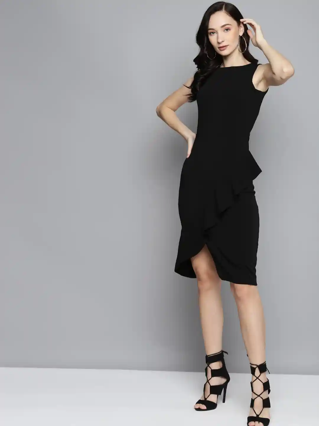 Buy SASSAFRAS Black One Side Frill Bodycon Dress Dresses for