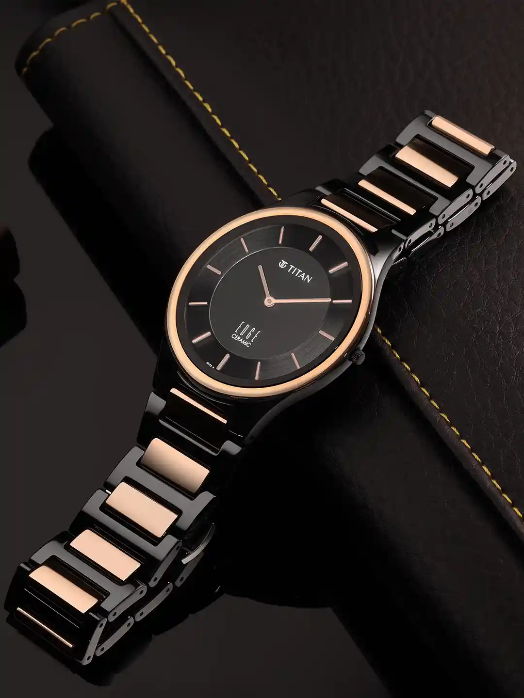 Titan Black Ceramic Watch Band Titan Edge Pair Black Dial Analog