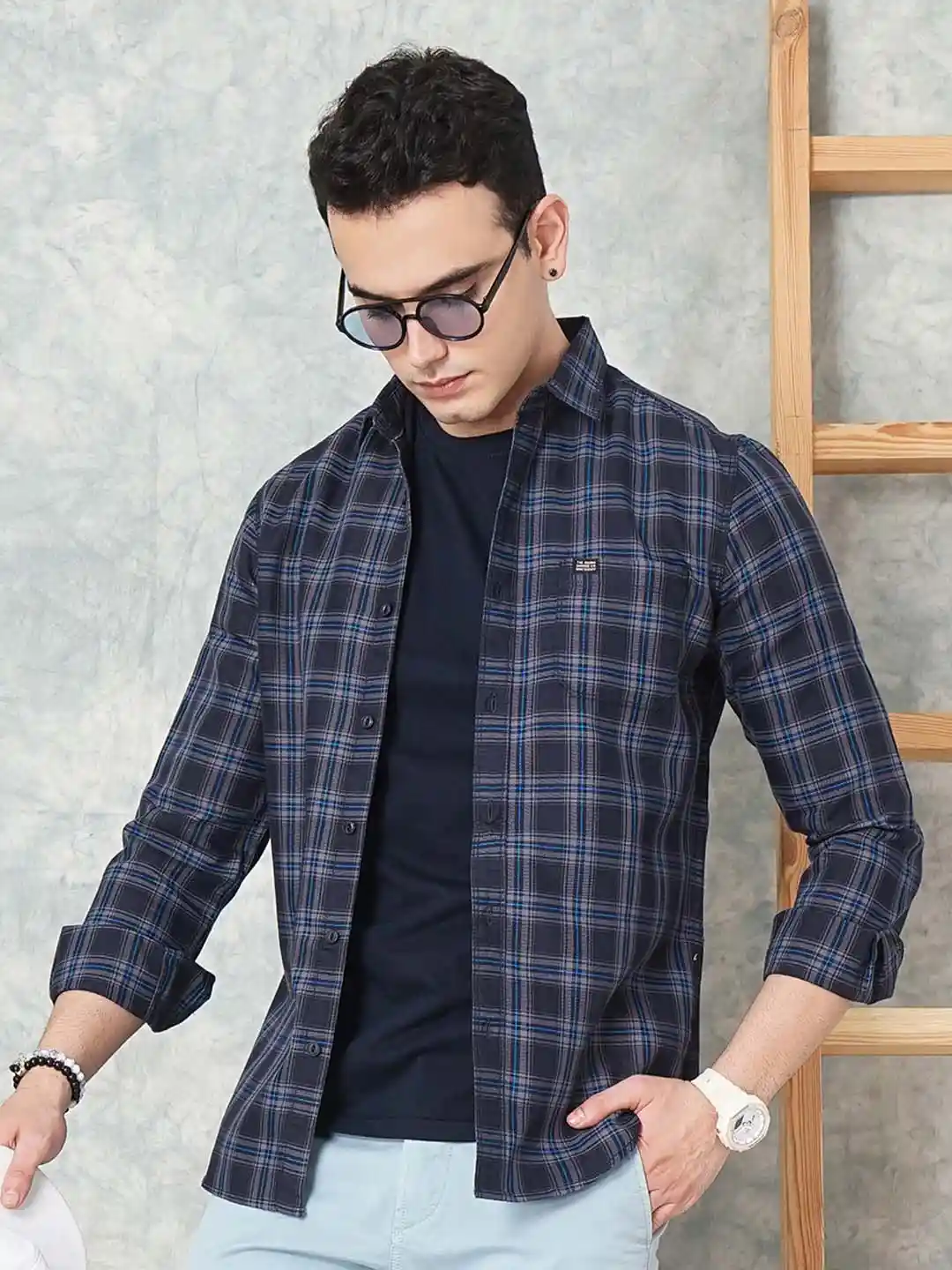 Buy The Indian Garage Co Men Navy Blue Slim Fit Tartan Checks