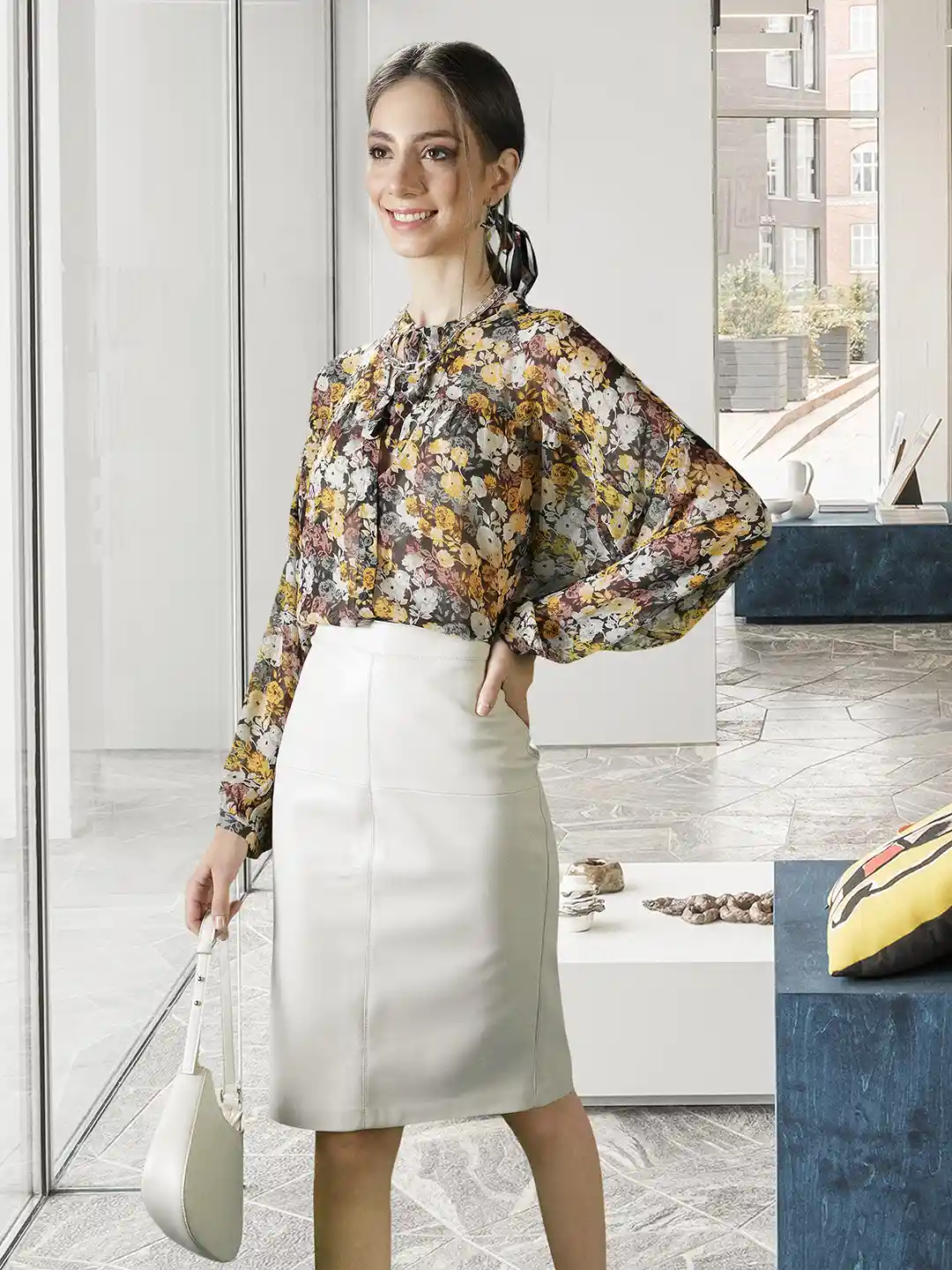 Buy MANGO Women Off-White Solid Faux Leather Pencil Skirt Skirts