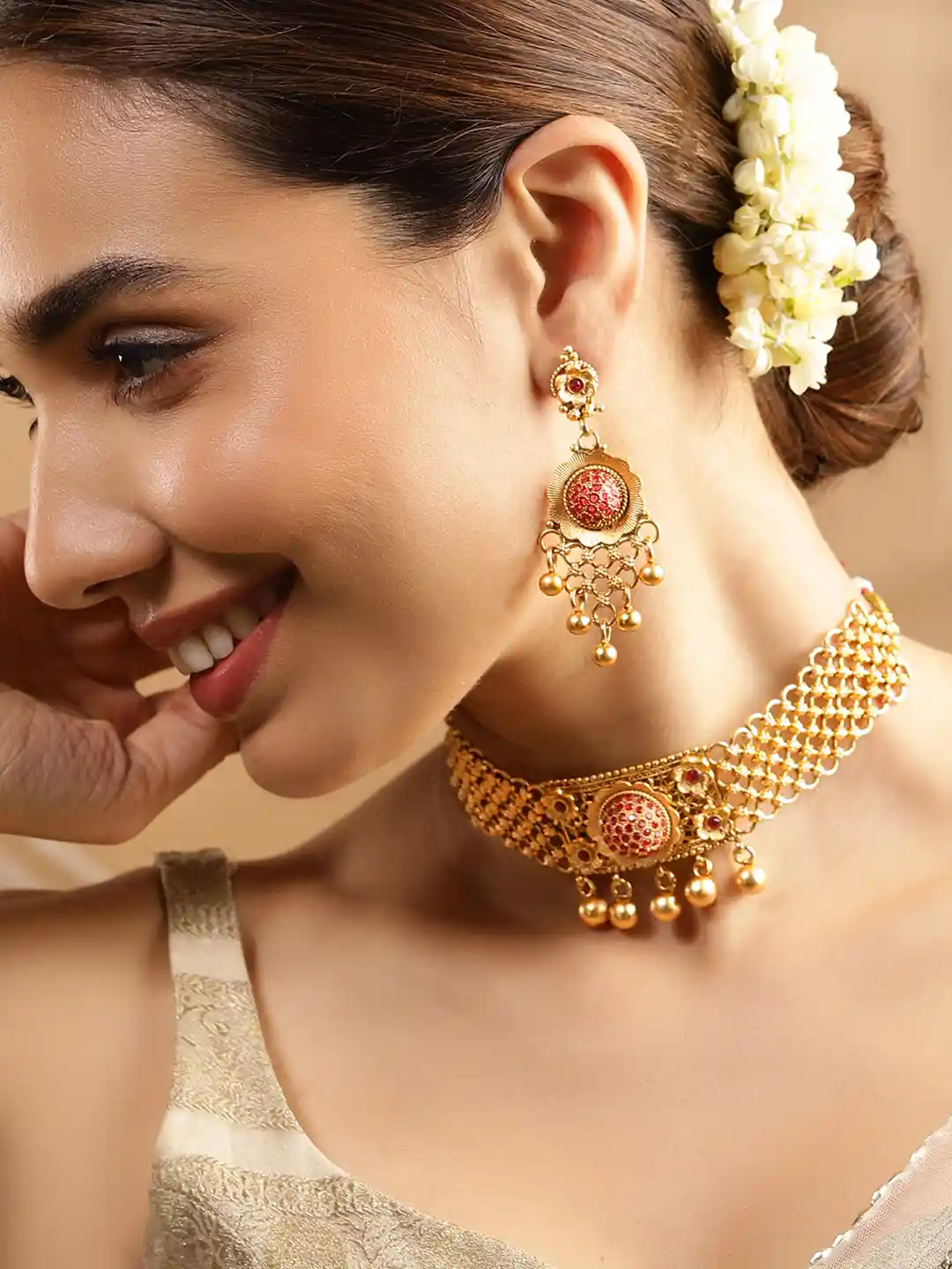 Rubans 24K Gold Plated Handcrafted Ruby Stone Studded Gold Beaded  Traditional Choker Set