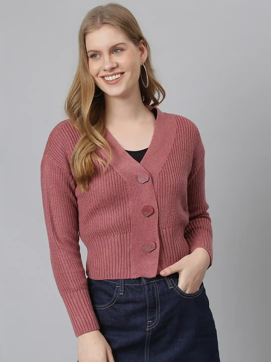 Campus Sutra Women Pink Solid Cardigan Crop Sweater