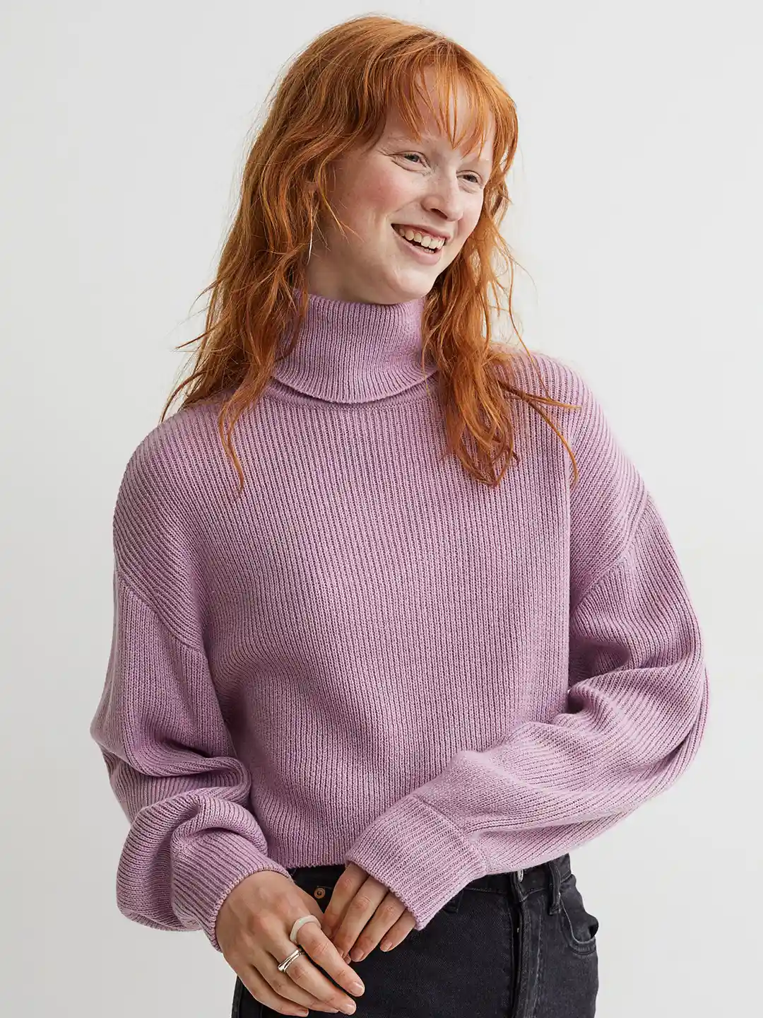 Buy H&M Women Purple Ribbed Acrylic Cropped Polo-Neck Jumper