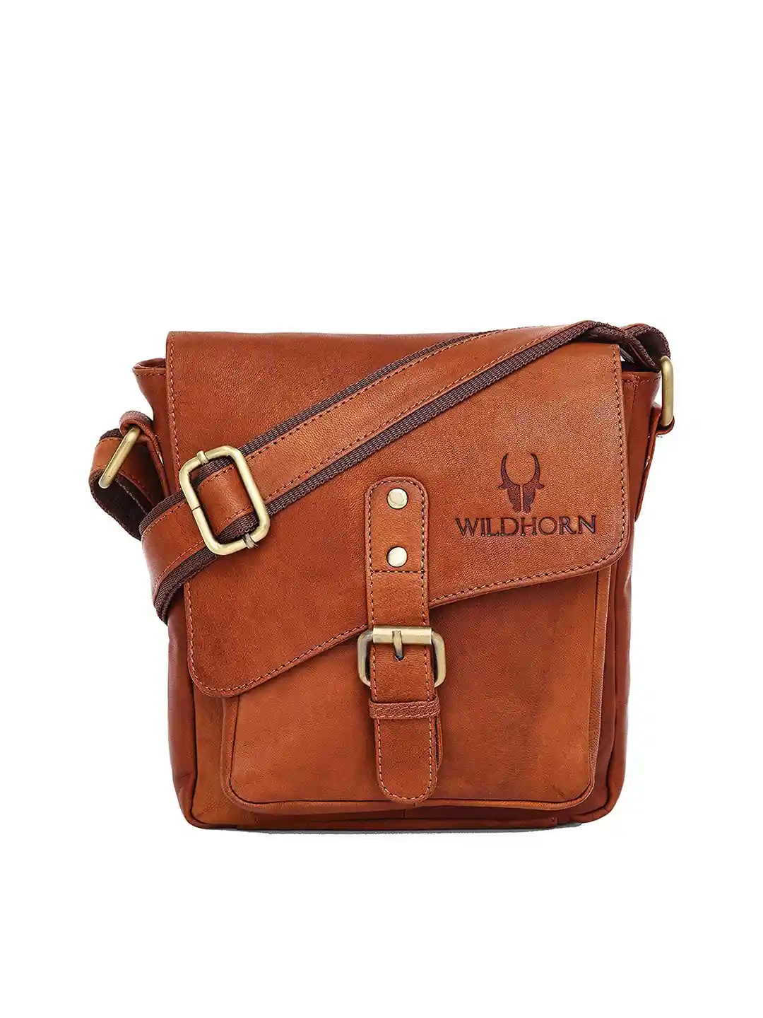 Buy WildHorn Men Tan Textured Genuine Leather Messenger Bag - Main Image