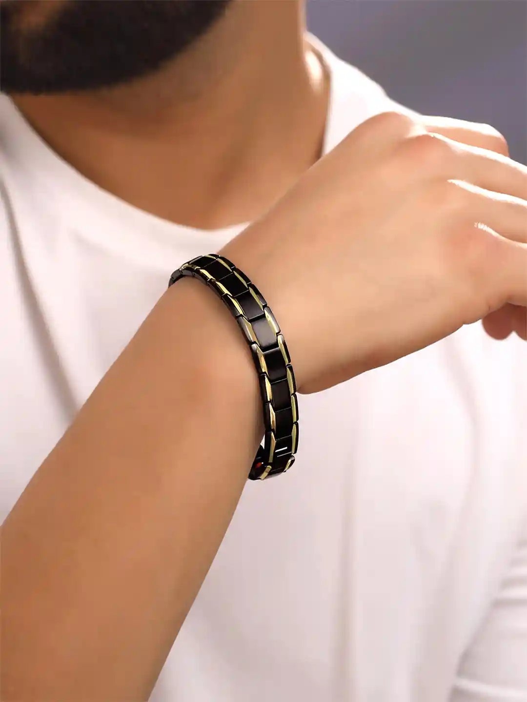 Yellow Chimes Men Black Gold-Toned Link Bio Energy Bracelet