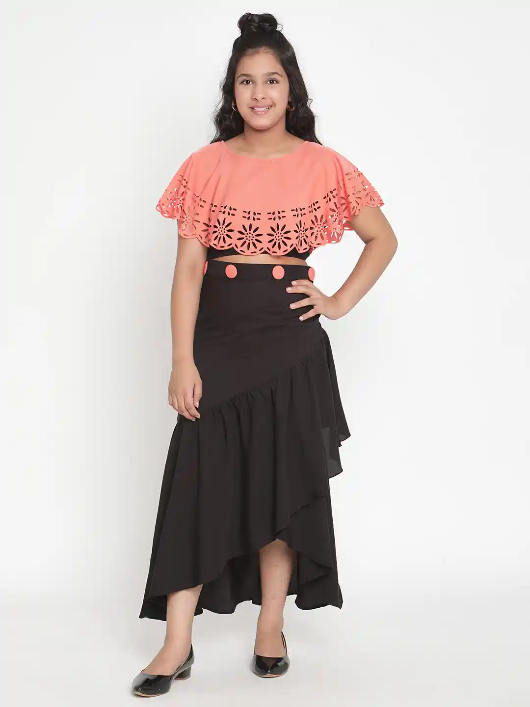 Buy Stuffie Land Girls Peach-Coloured Black Solid Top with Skirt