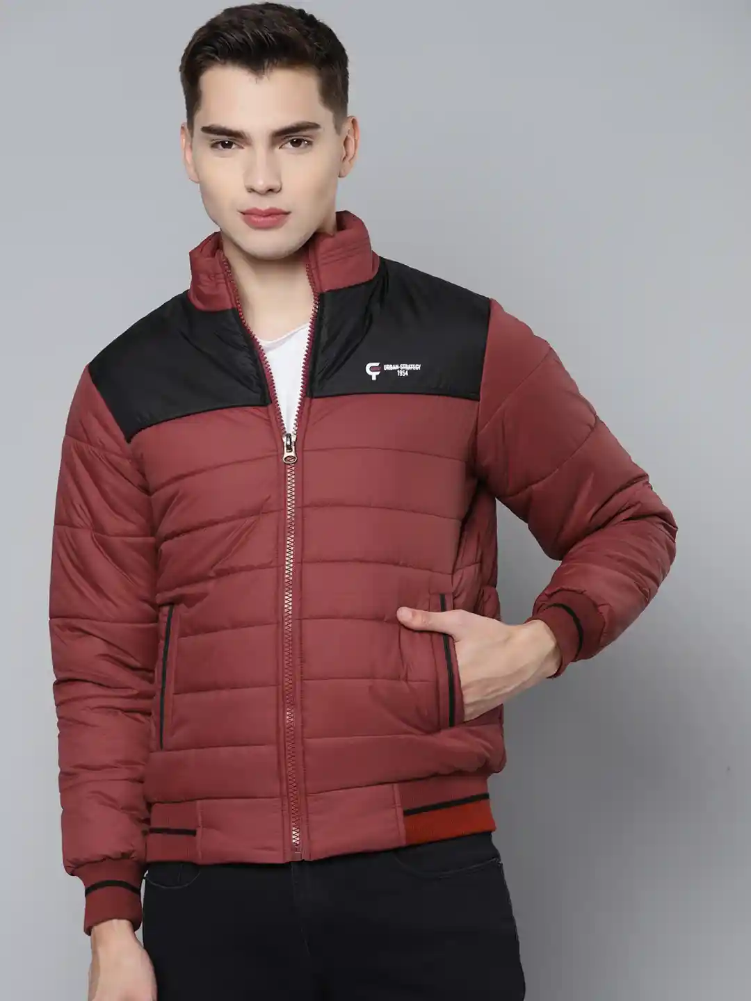 Buy Fort Collins Men Maroon Black Colourblocked Bomber Jacket
