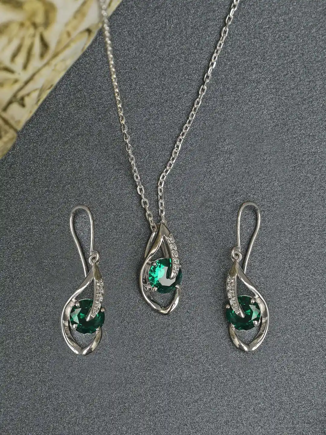 Clara Silver-Toned Green Sterling Silver Rhodium-Plated Cubic Zirconia  Jewellery Set