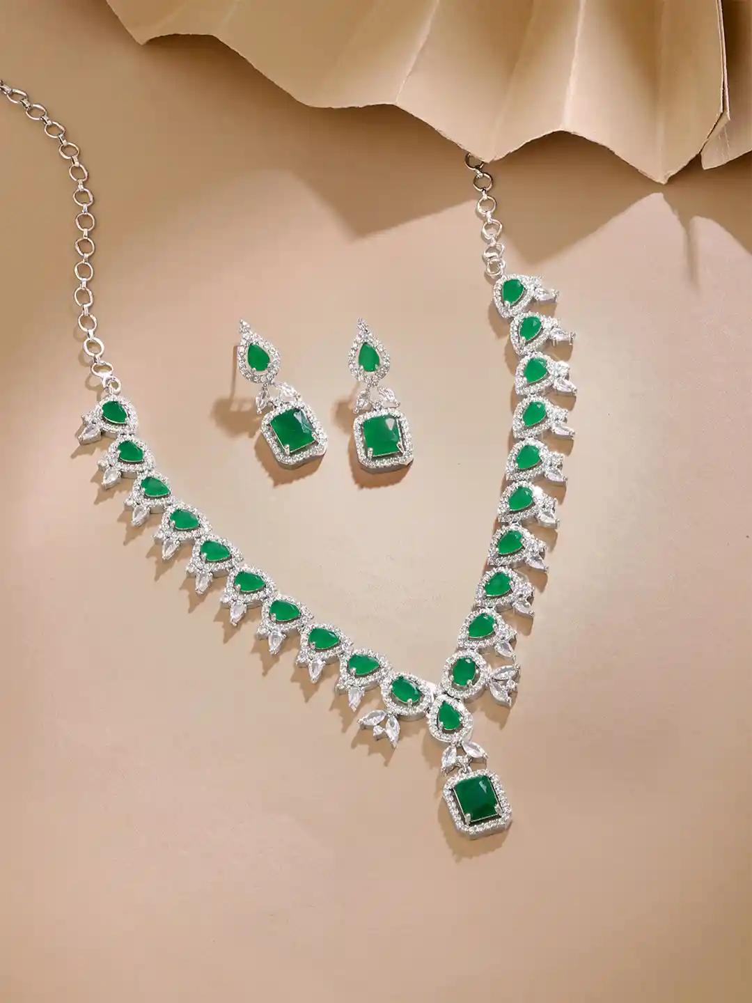 Yellow Chimes Rhodium-Plated American Diamond Studded Jewellery Set