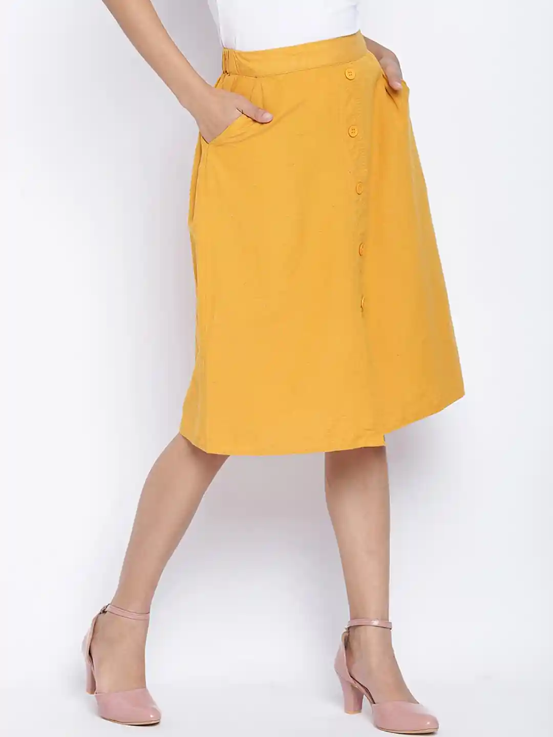 Buy Oxolloxo Women Mustard-Yellow Solid Cotton Knee-Length Skirt