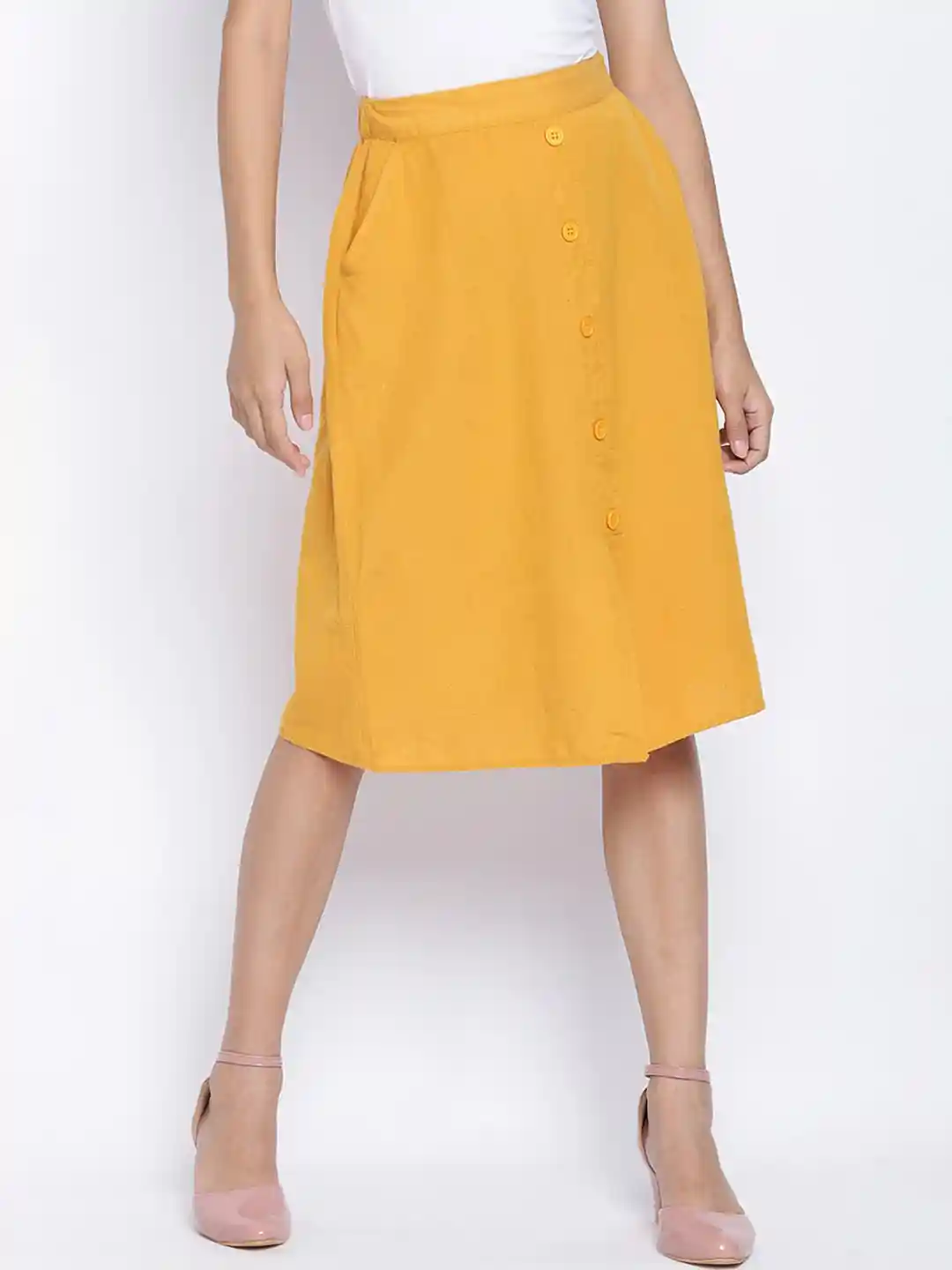 Buy Oxolloxo Women Mustard-Yellow Solid Cotton Knee-Length