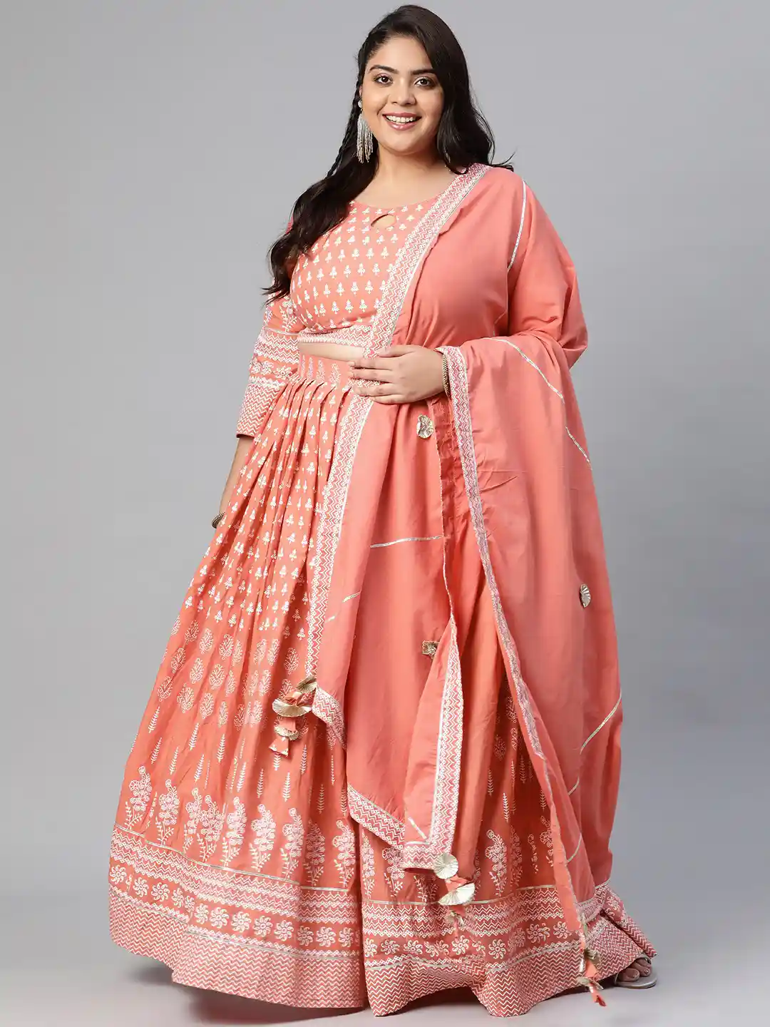 Buy Divena Plus Size Peach-Coloured Printed Ready to Wear Lehenga