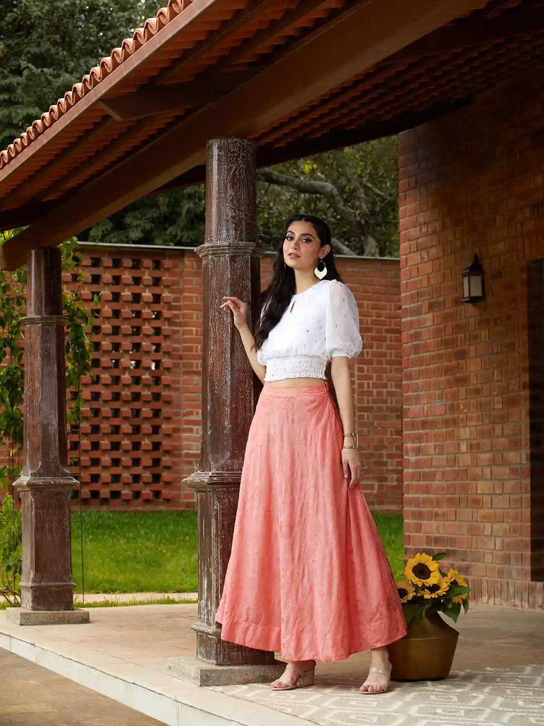 Peach And Black Crop Top And Long Skirt Global Desi Women Peach