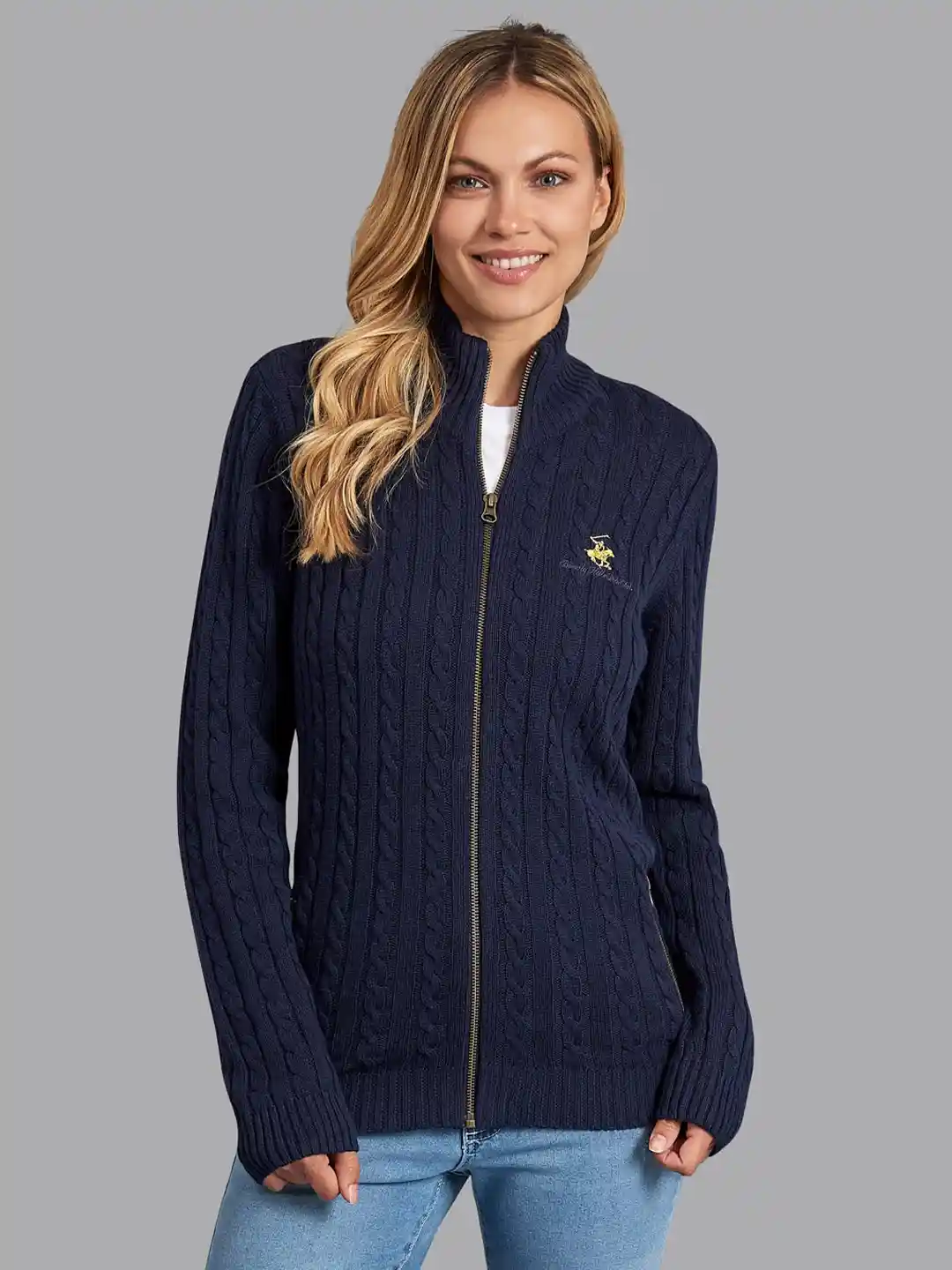 Buy Beverly Hills Polo Club Women Navy Blue Cable Knit Cardigan