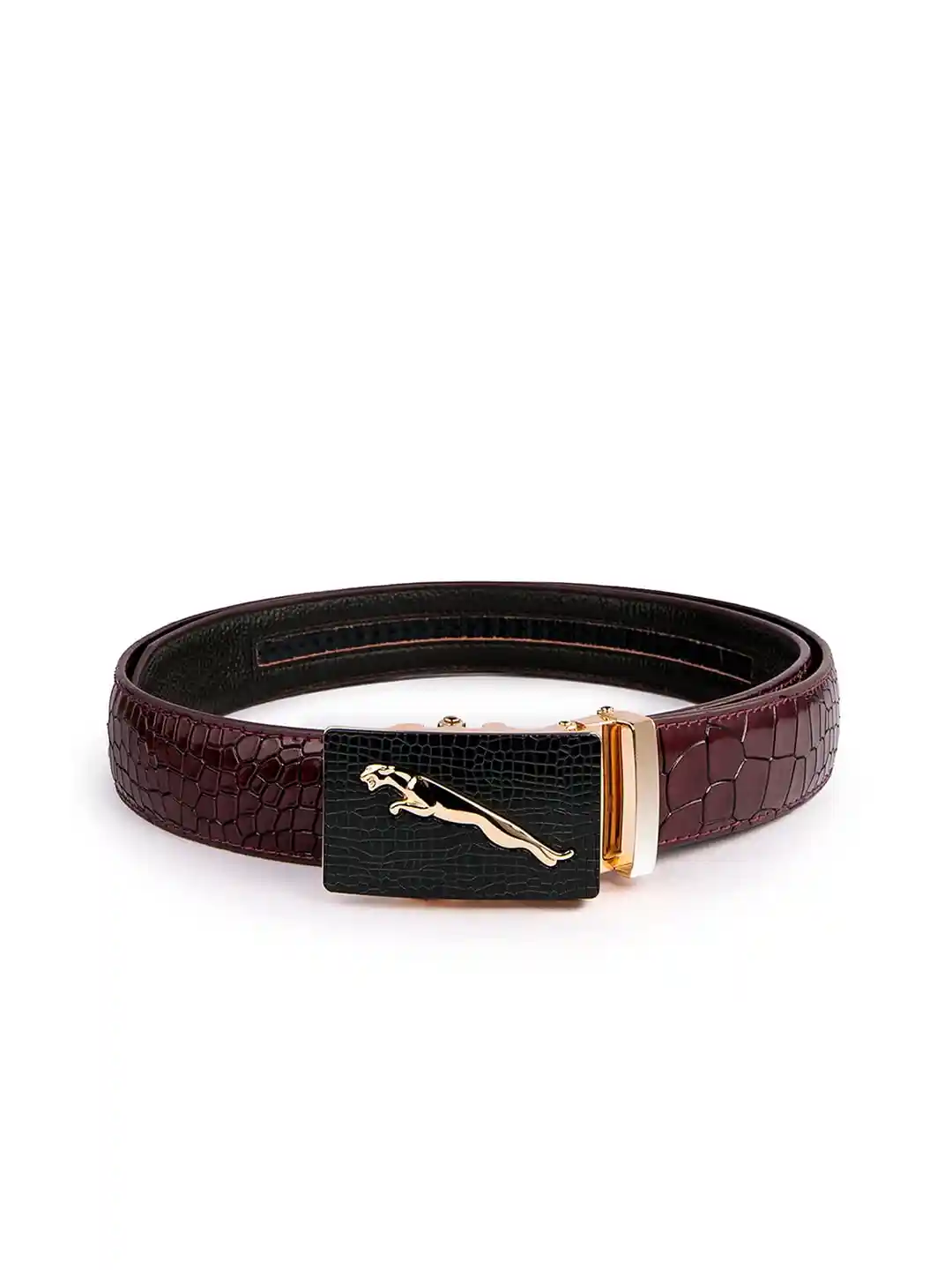 Buy BANGE Men Red Crocodile Textured Leather Belt with Jaguar