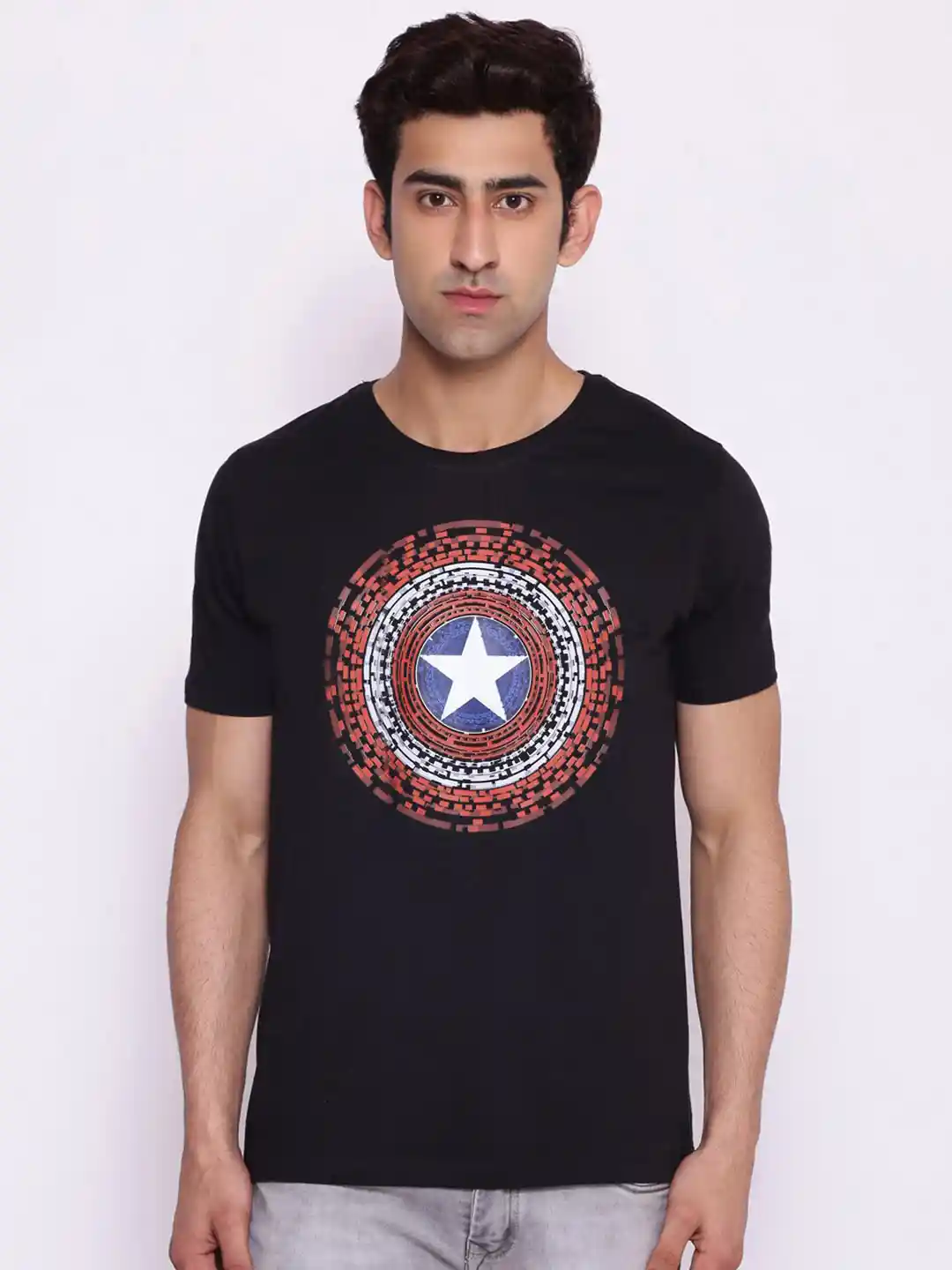 Marvel by Wear Your Mind Men Black Red Captain America Printed Pure Cotton  T-shirt