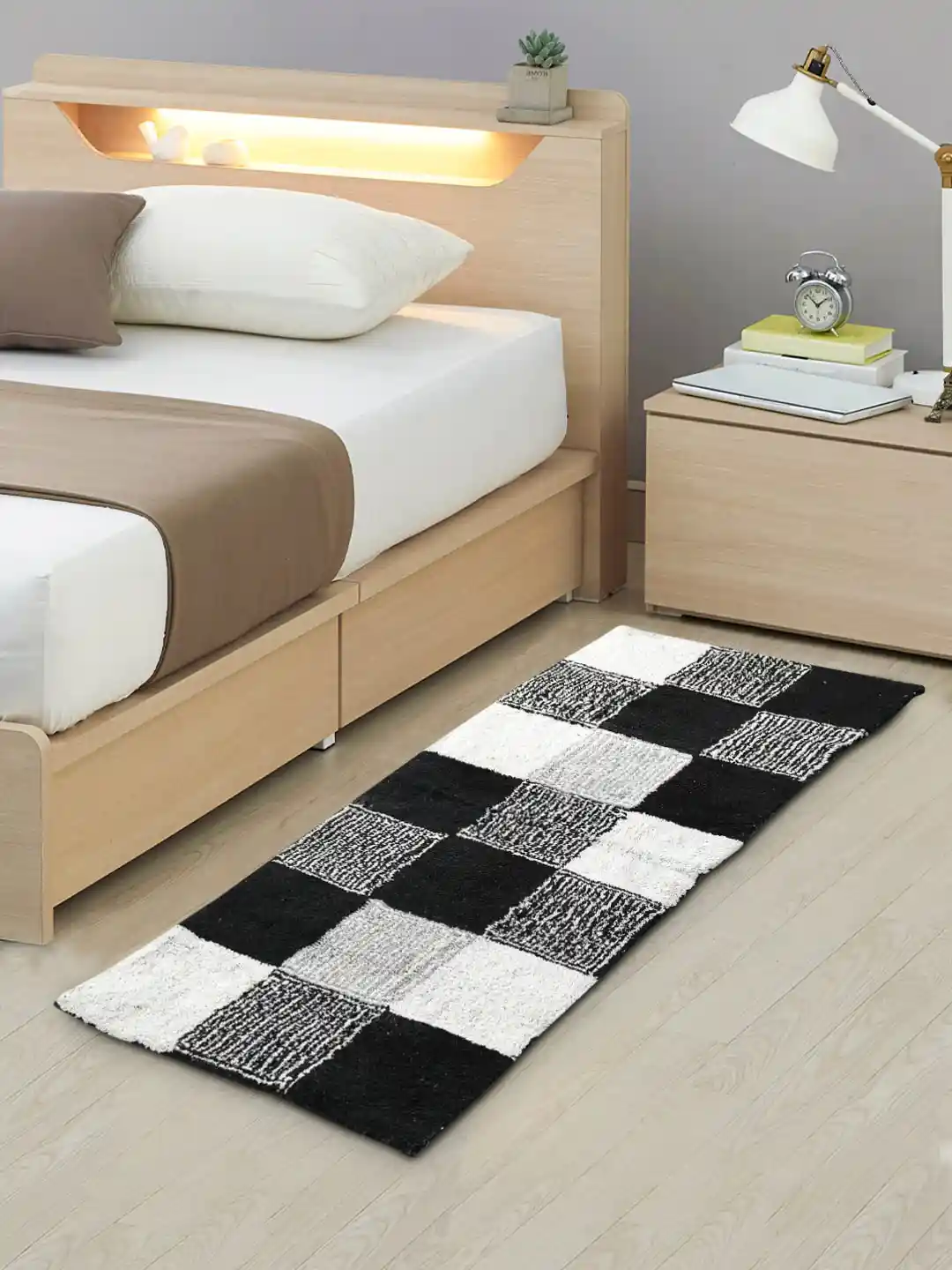 AAZEEM Black White Checked Pure Cotton Floor Runner Rug