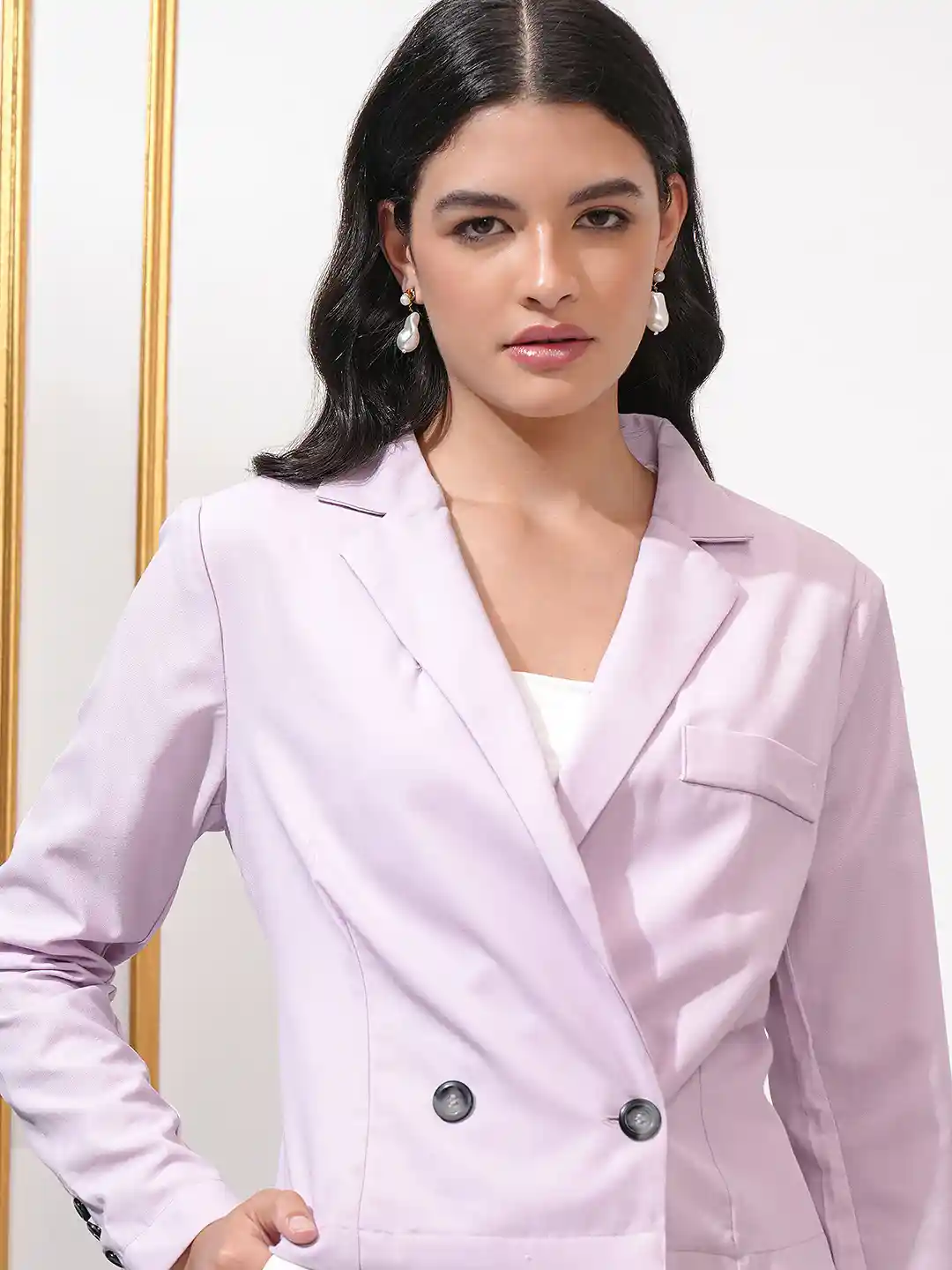 CHIC BY TOKYO TALKIES Women Lavender Solid Double-Breasted Cropped Casual  Blazer