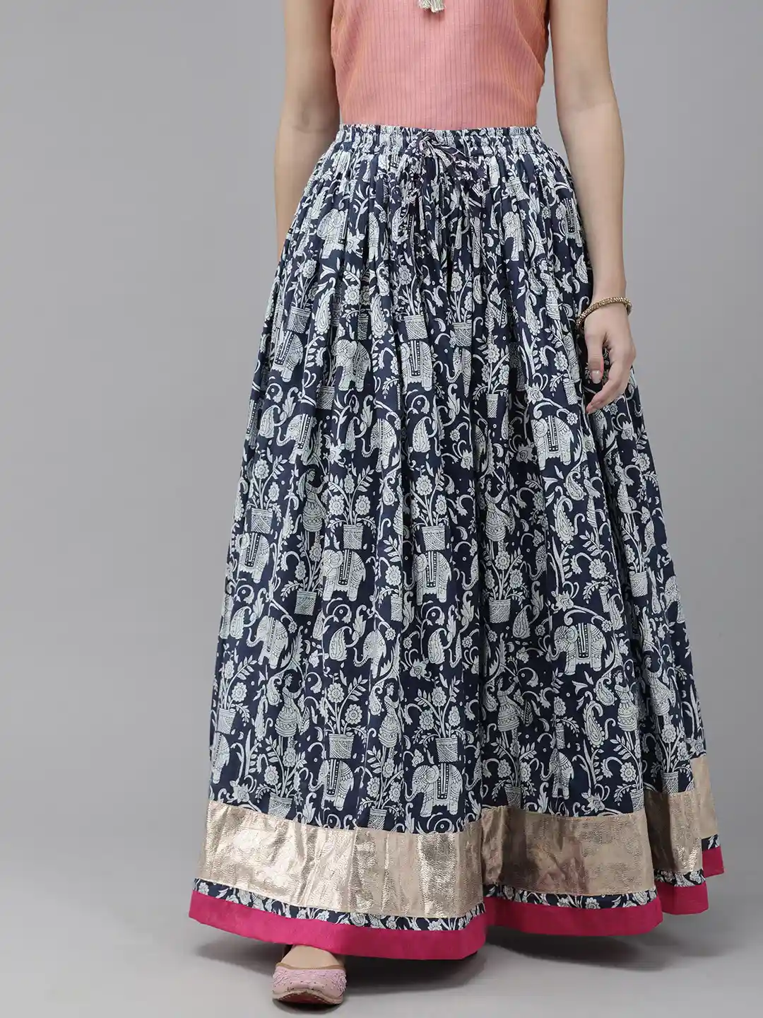 Buy Geroo Jaipur Women Navy Blue Printed Flared Cotton Maxi Skirt