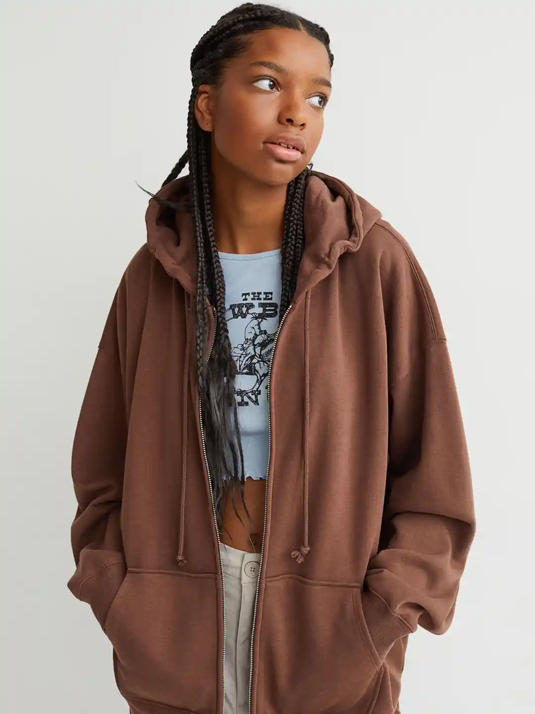 Buy H&M Women Brown Solid Oversized Zip-Through Hoodie