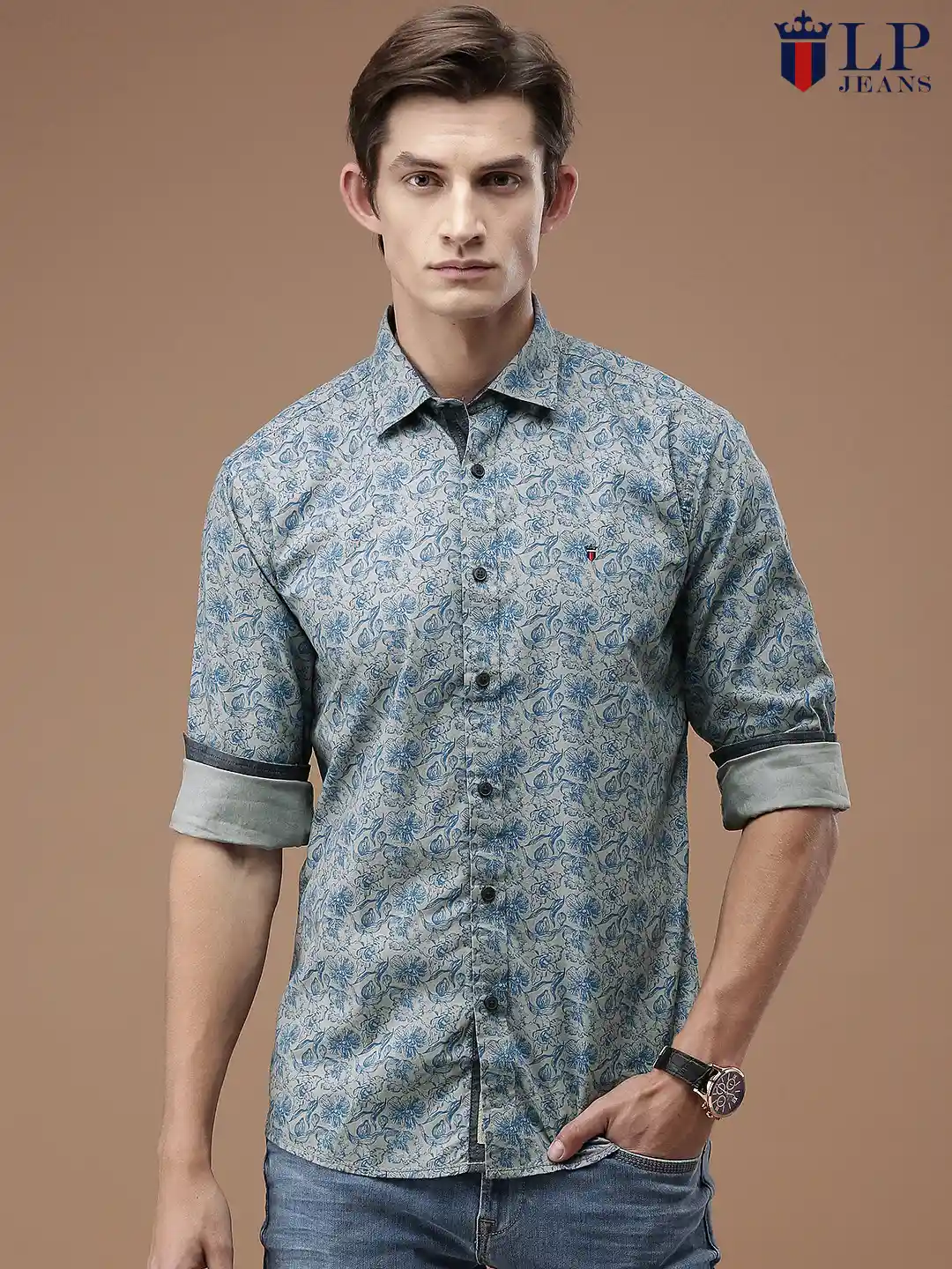 Buy Louis Philippe Jeans Men Grey Blue Tailored Fit Printed