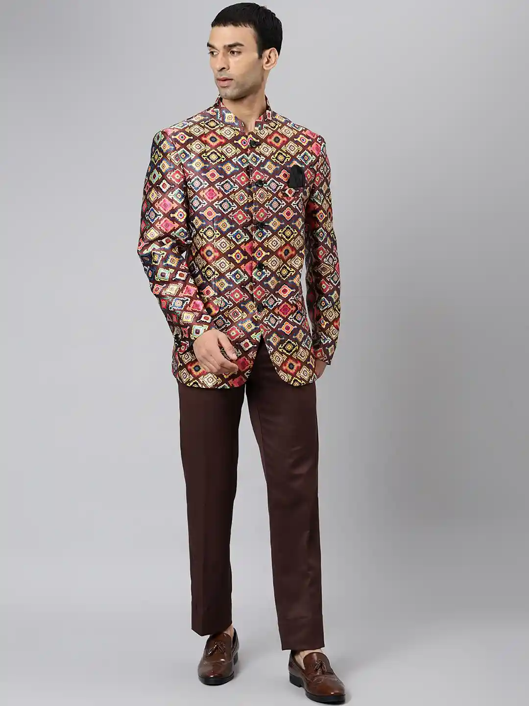 Buy Hangup Men Brown Yellow Printed Two-Piece Mandarin Collar