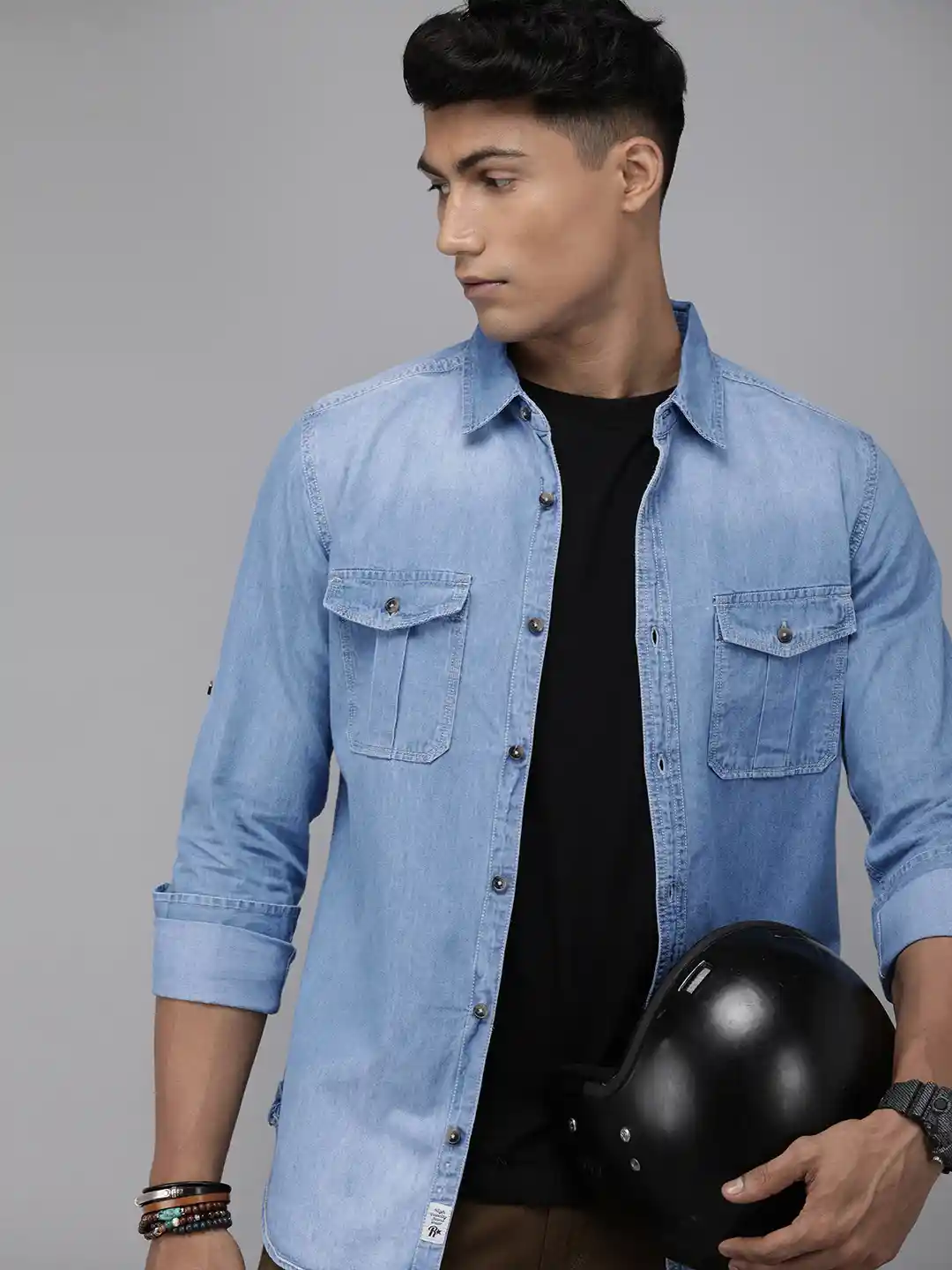 The Roadster Lifestyle Co Men Blue Regular Fit Faded Opaque Pure Cotton  Casual Denim Shirt with Pockets