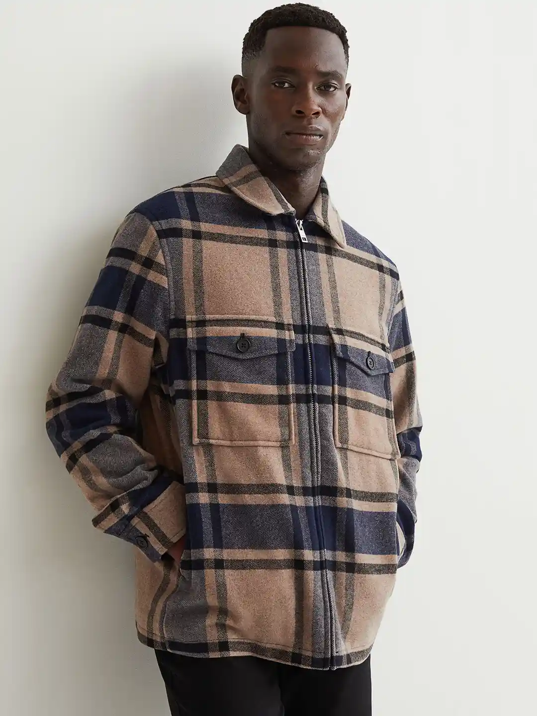 Shacket Plaid Flannel Jacket Mens Buy H&M Men Beige Wool-Blend