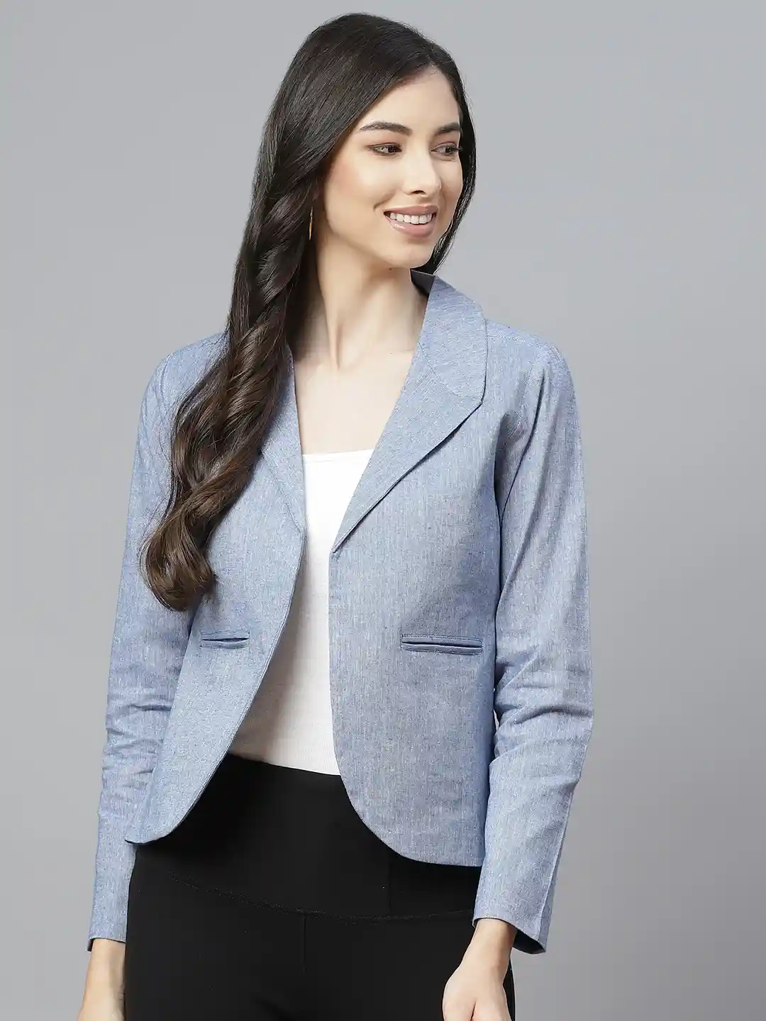 Buy Cottinfab Women Blue Pure Cotton Blazer With Shawl Collar