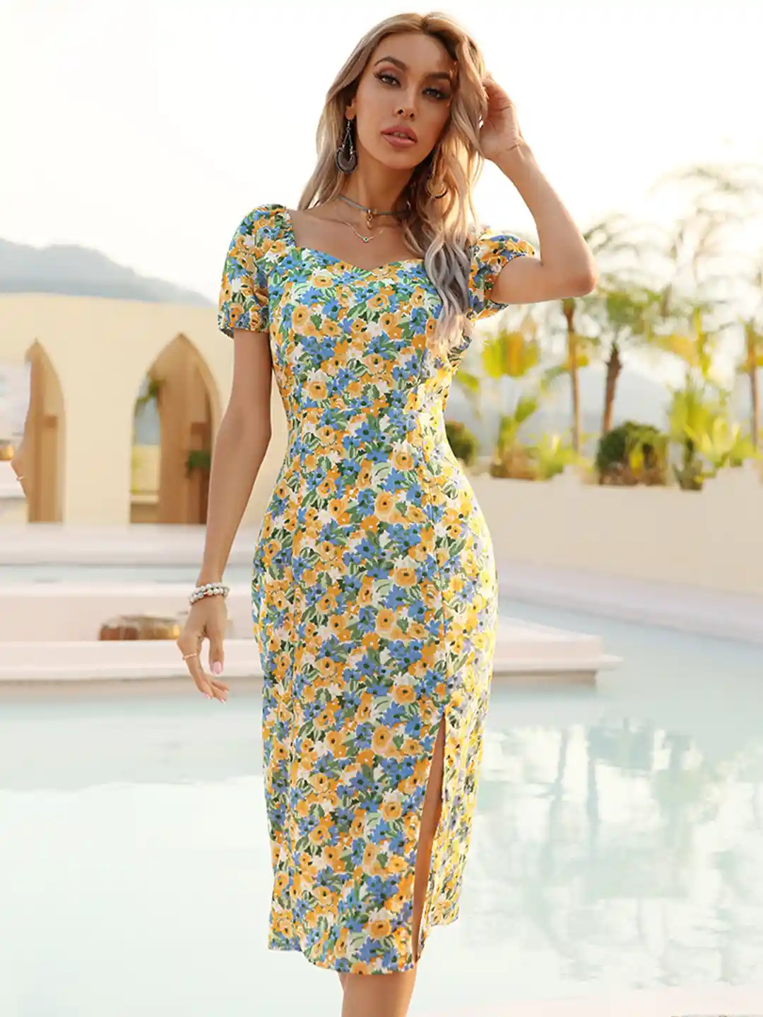 urbanic bodycon dress Midi Yellow Floral Dress Buy Yellow Blue Floral Sheath Front Slit Midi Dress Length & Shape:Short Oval Model is 172 cm Fine Striped Twill Shirt