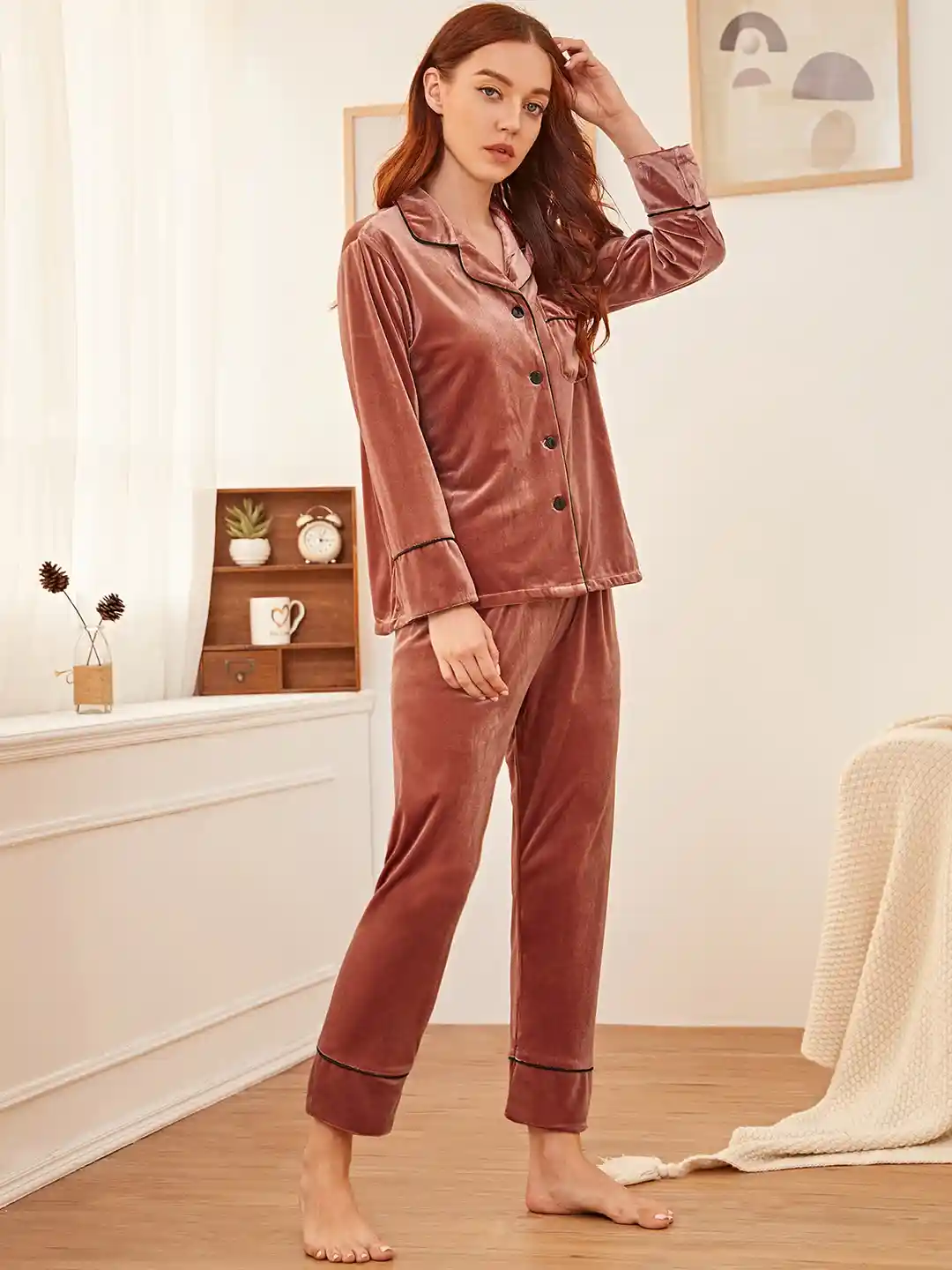 Buy URBANIC Women Brown Solid Velvet Night suit Night suits for