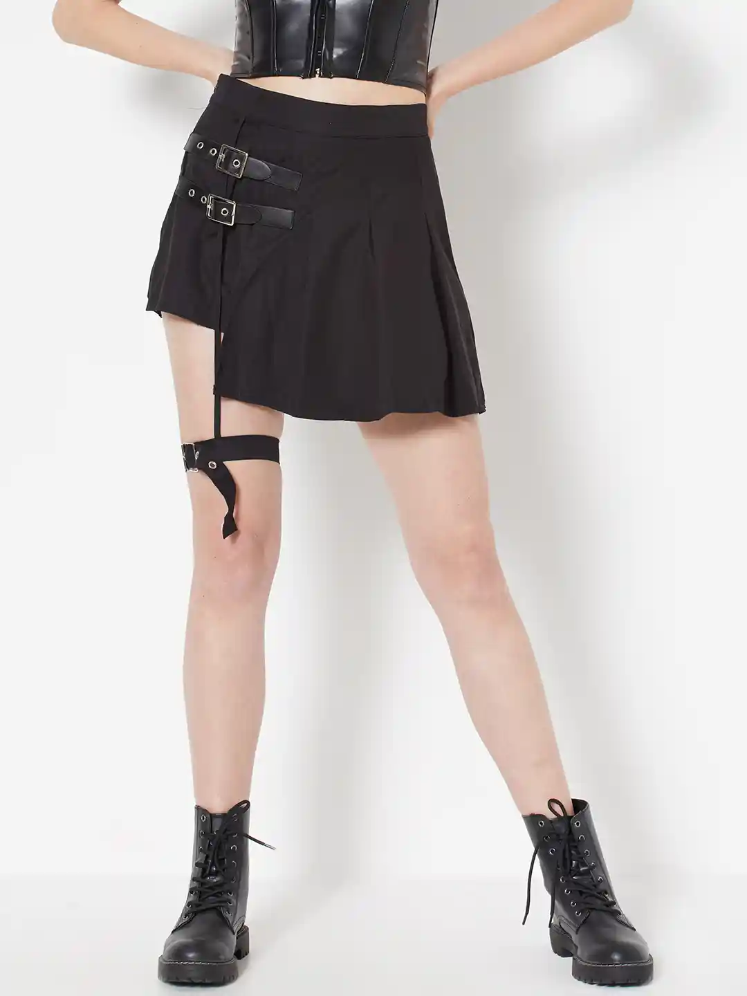 Buy URBANIC Women Black Solid Asymmetric Pleated A-line Mini Skirt - Main Image